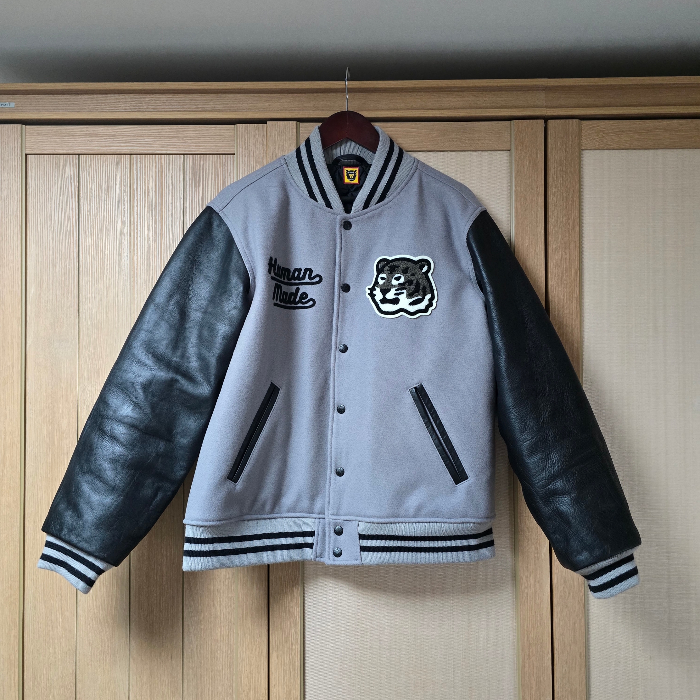 Human Made Varsity Jacket Grey 착용 스타일 - 1