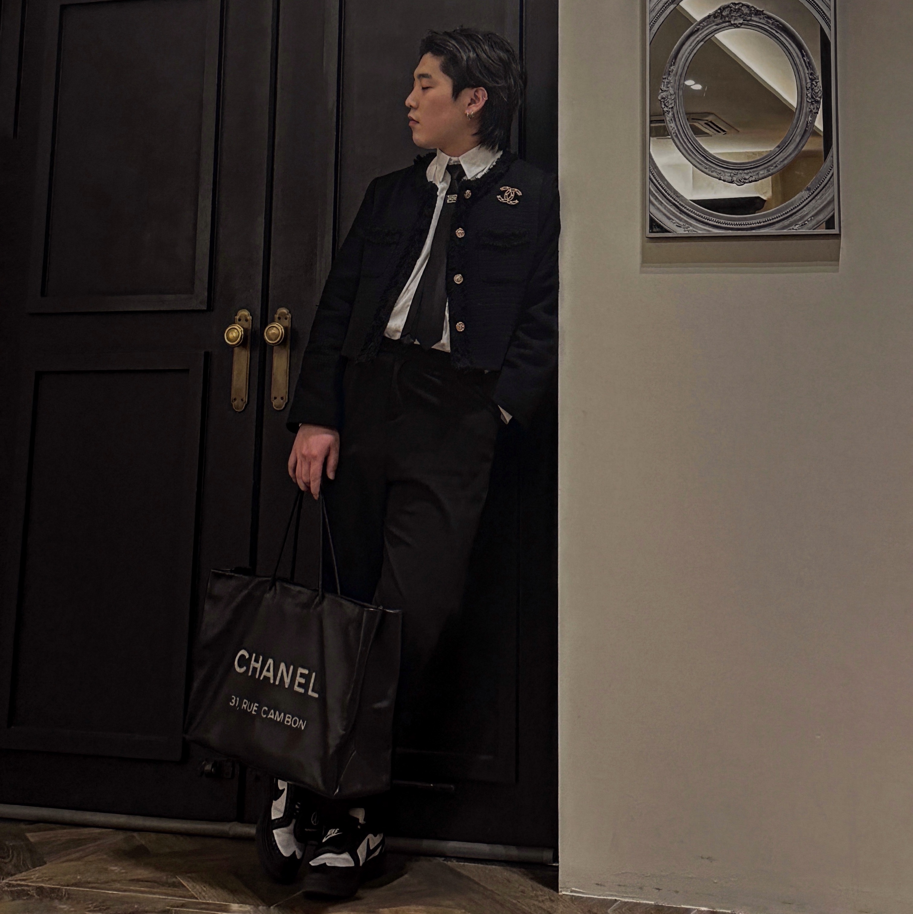 Nike x Peaceminusone Kwondo1 Black and White 착용 스타일 - 1