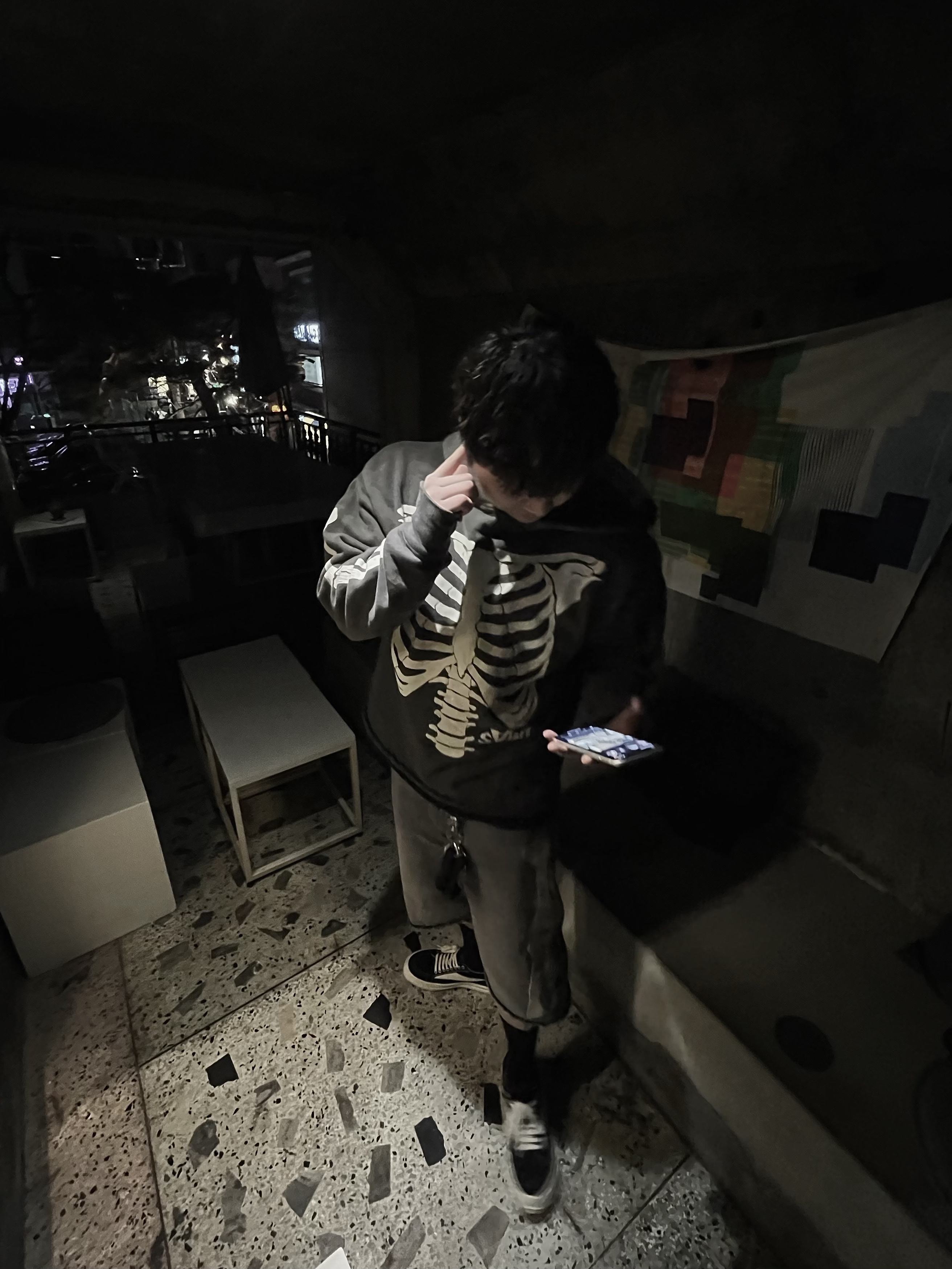 Saint Mxxxxxx x VLONE Bone Hoodie Black - 22FW, Kapital 14 oz. Denim 5P Bone Embroidery Short Pants Black 착용 스타일 - 2