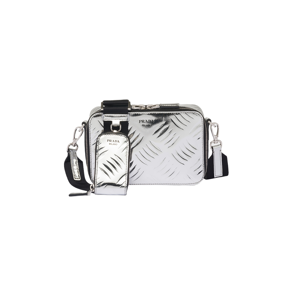 Prada Brique Brushed Leather Bag Embossed Motif Silver 상세 이미지 1