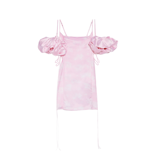 (W) 자크뮈스 라 미니 로브 슈슈 퍼프 슬리브 미니 드레스 프린트 트왈 드 주이 핑크
