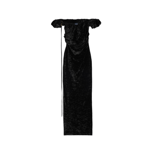 (W) 자크뮈스 라 로브 벨루어 랑그 롱 어시메트릭 드레이프 드레스 블랙