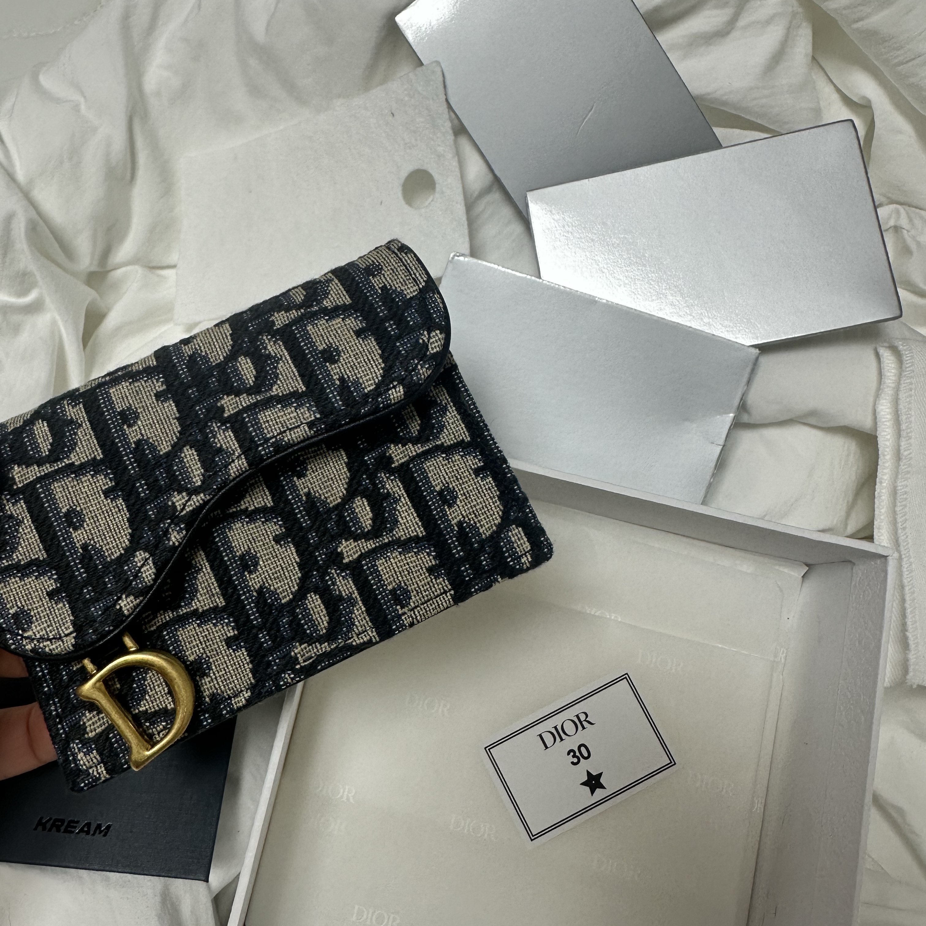 Dior Saddle Flap Card Holder Blue Dior Oblique Jacquard 착용 스타일 - 2