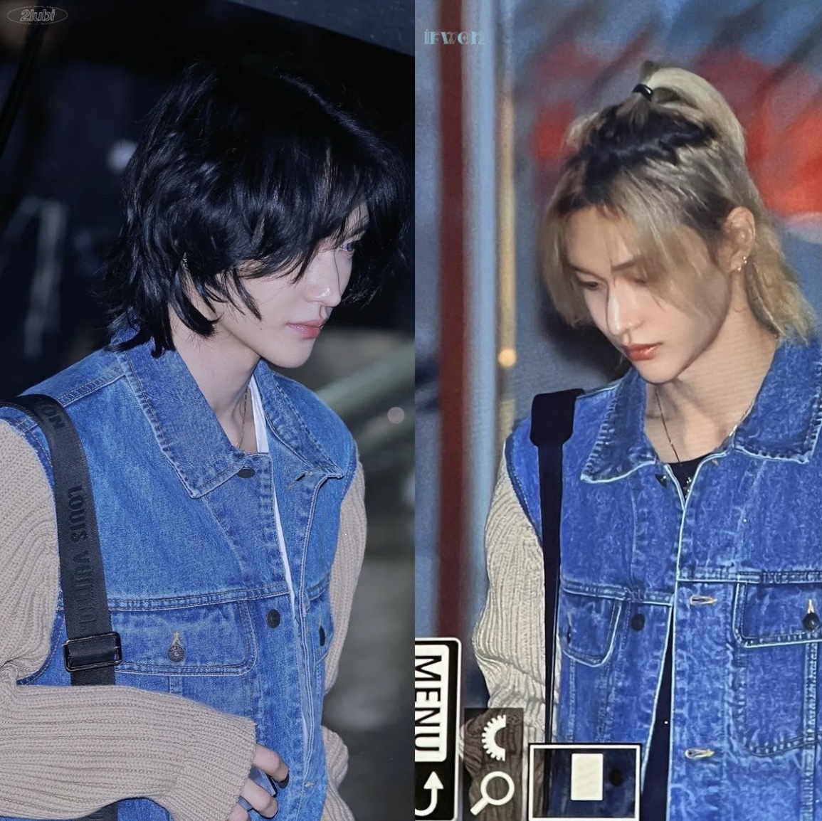 Diesel K-Layton W Knit and Denim Trucker Jacket Blue Brown 착용 스타일