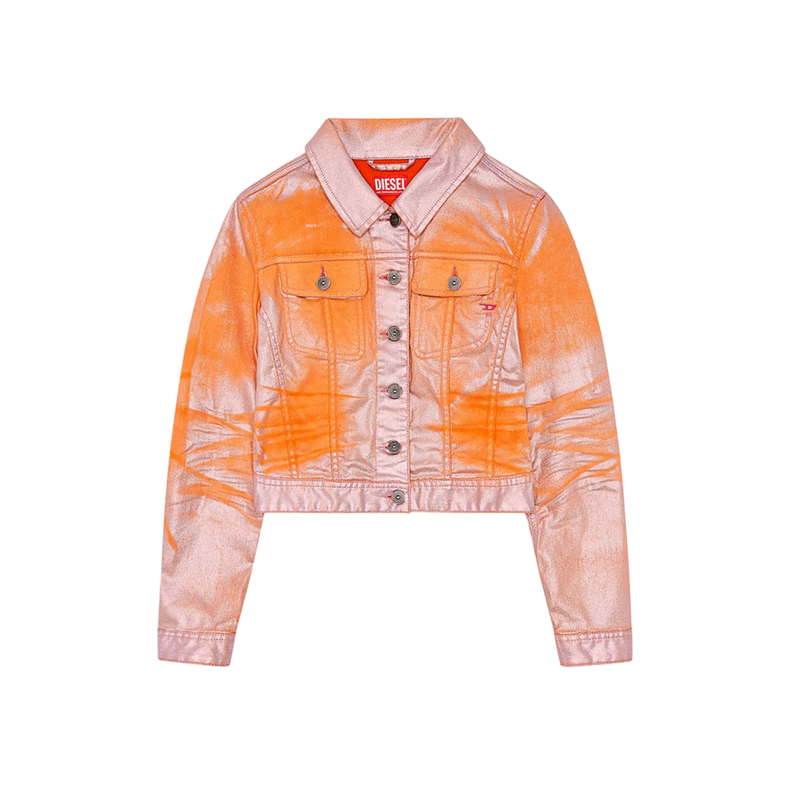 (W) Diesel De-Slimmy-S Trucker Jacket In Bicolour Laminated Denim Orange Pink 상세 이미지 1