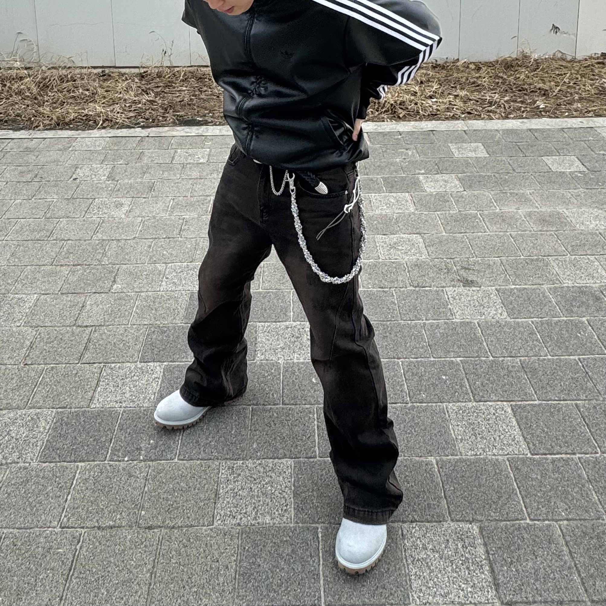 Adidas Faux Leather Adicolor 3S Loose Firebird Tracksuit Jacket Black - KR Sizing 착용 스타일