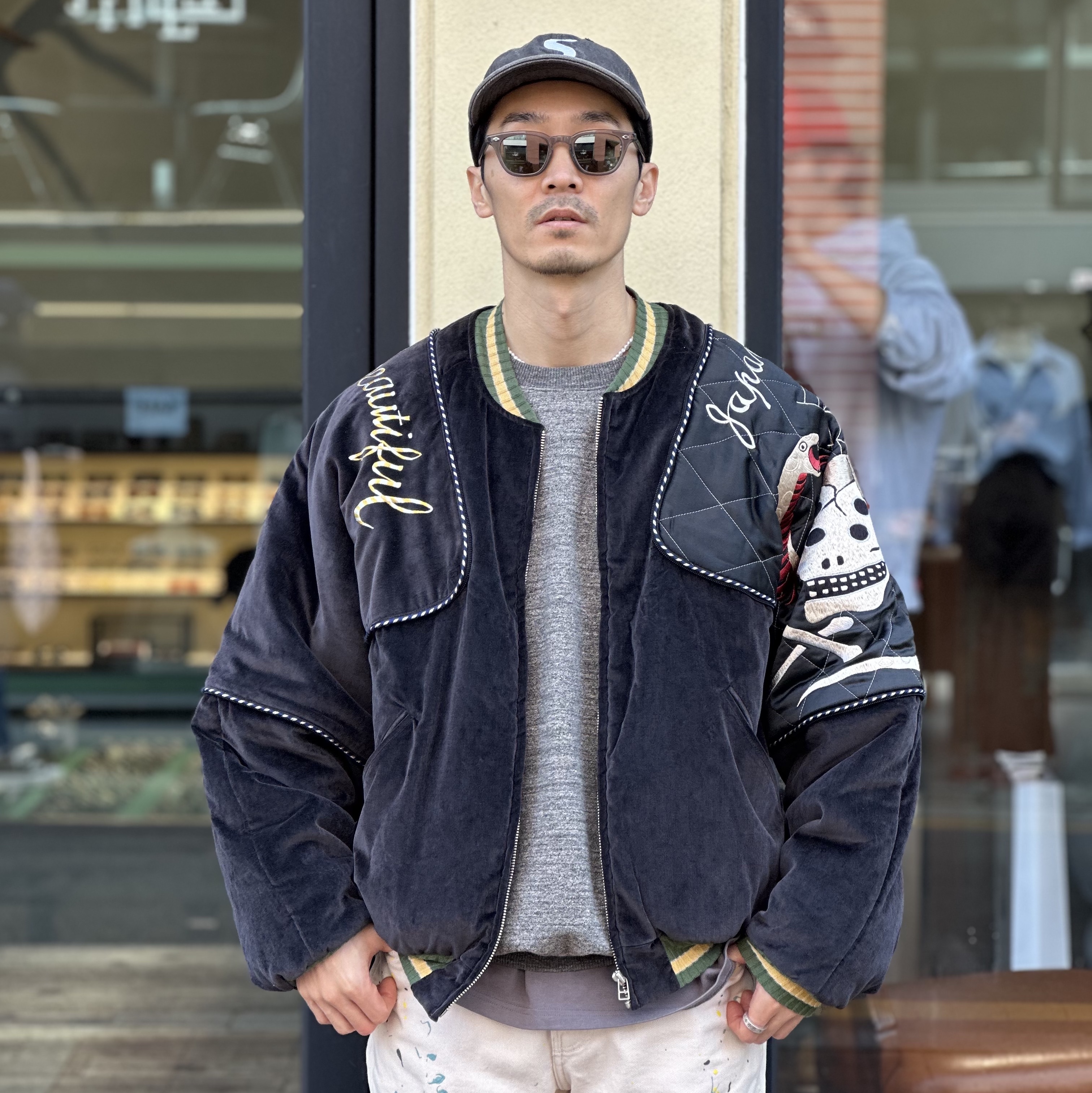 Kapital Velveteen Sham Rain Skull and Snake Bomber Jacket Black 착용 스타일 - 2