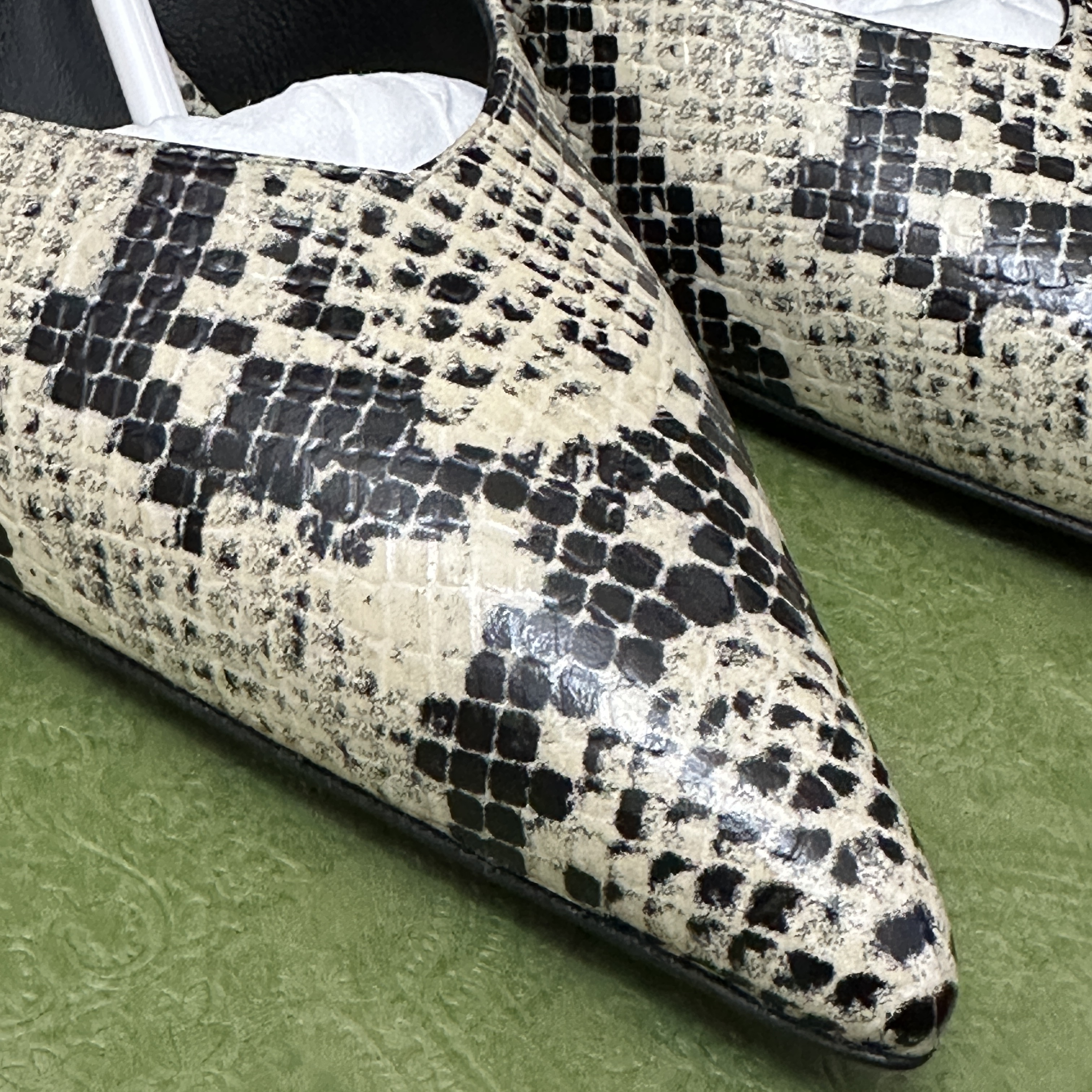 (W) Gucci Python Print Mid-Heel Pumps Beige 착용 스타일 - 6