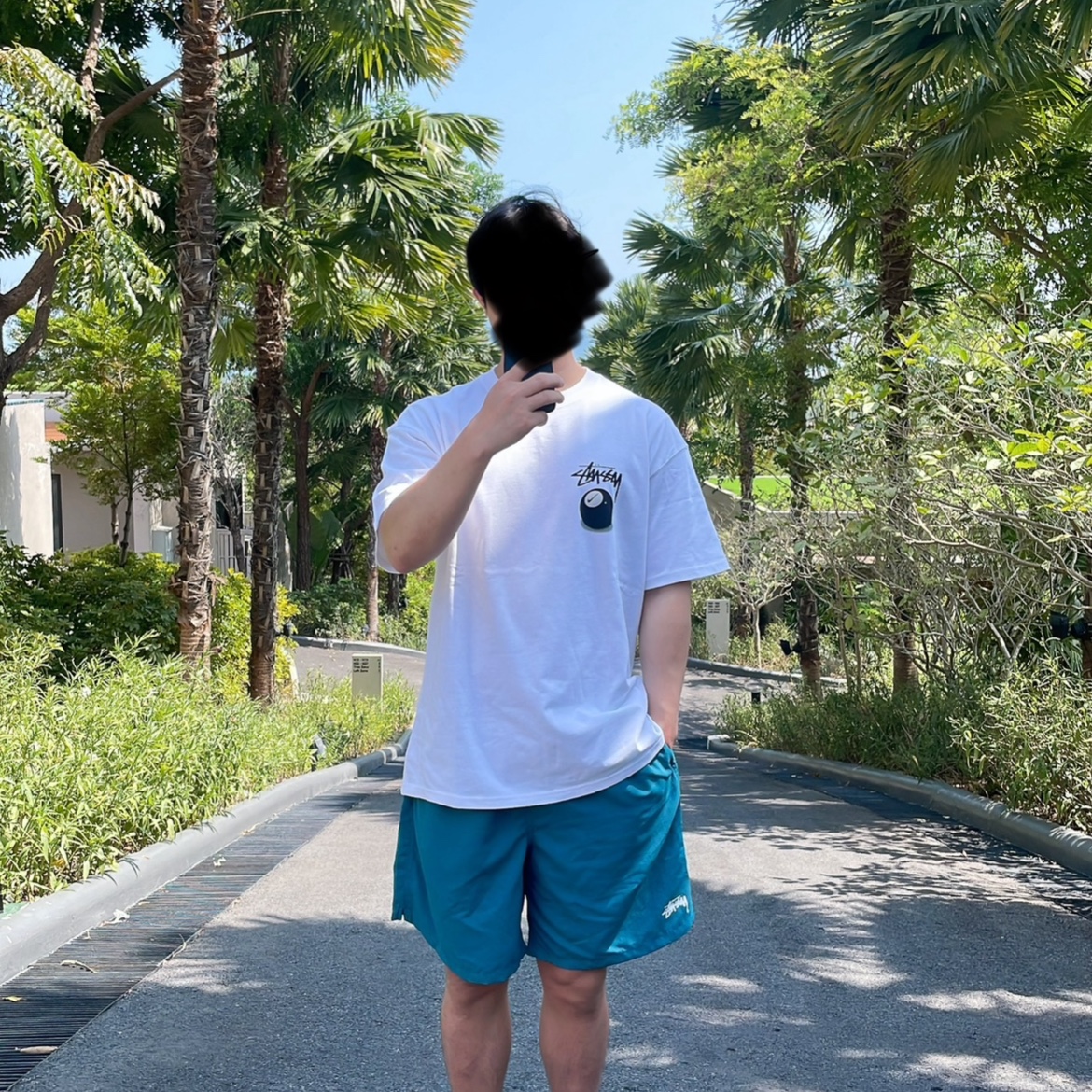 Nike x Stussy NRG FL SS 8 Ball T-Shirt White (DO9322-100), Stussy Stock Water Shorts Blue 착용 스타일