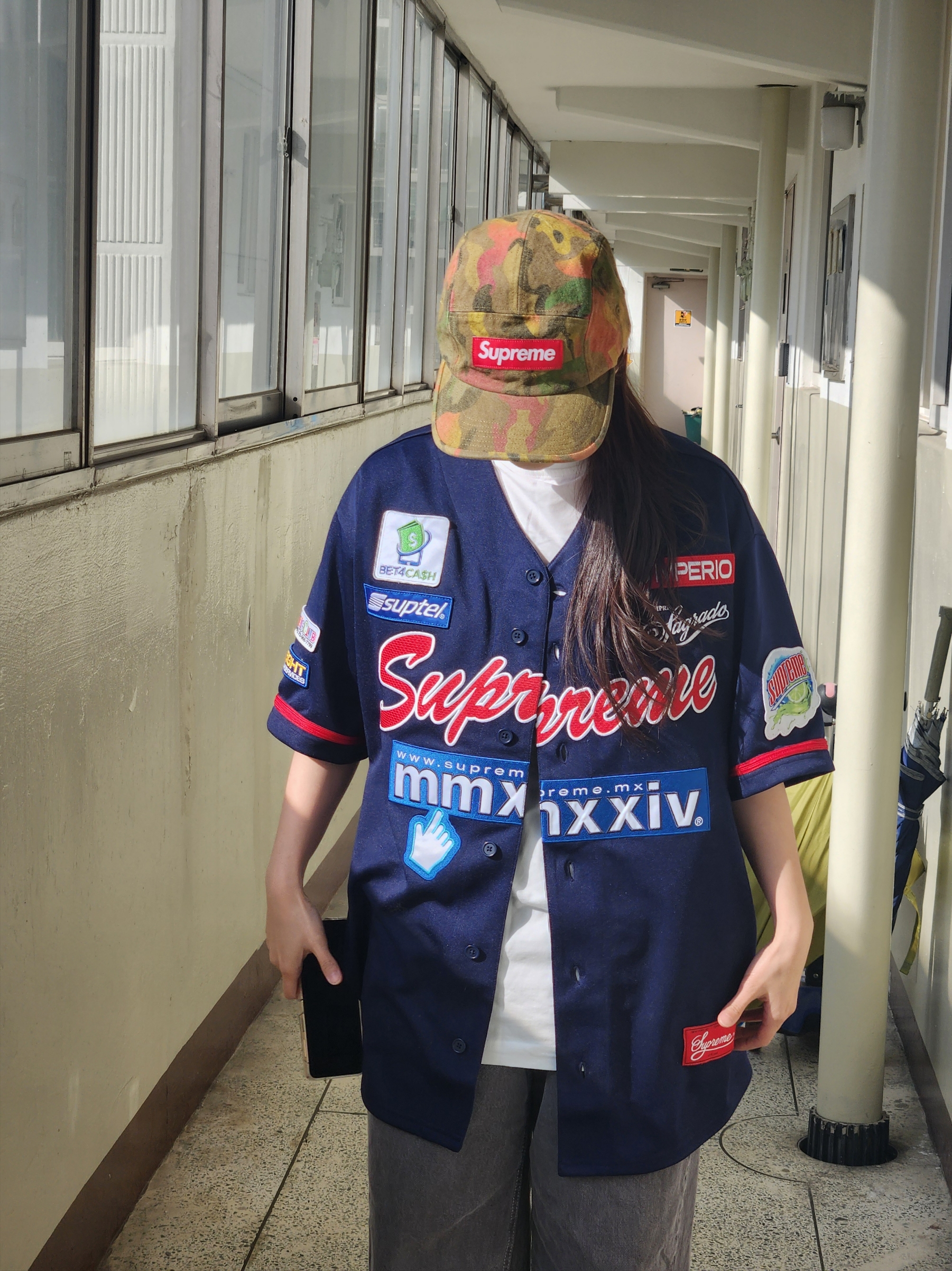 Supreme Chosen One Baseball Jersey Navy - 24SS, Supreme Washed Canvas Camp Cap Tan Camo - 24SS 착용 스타일 - 1