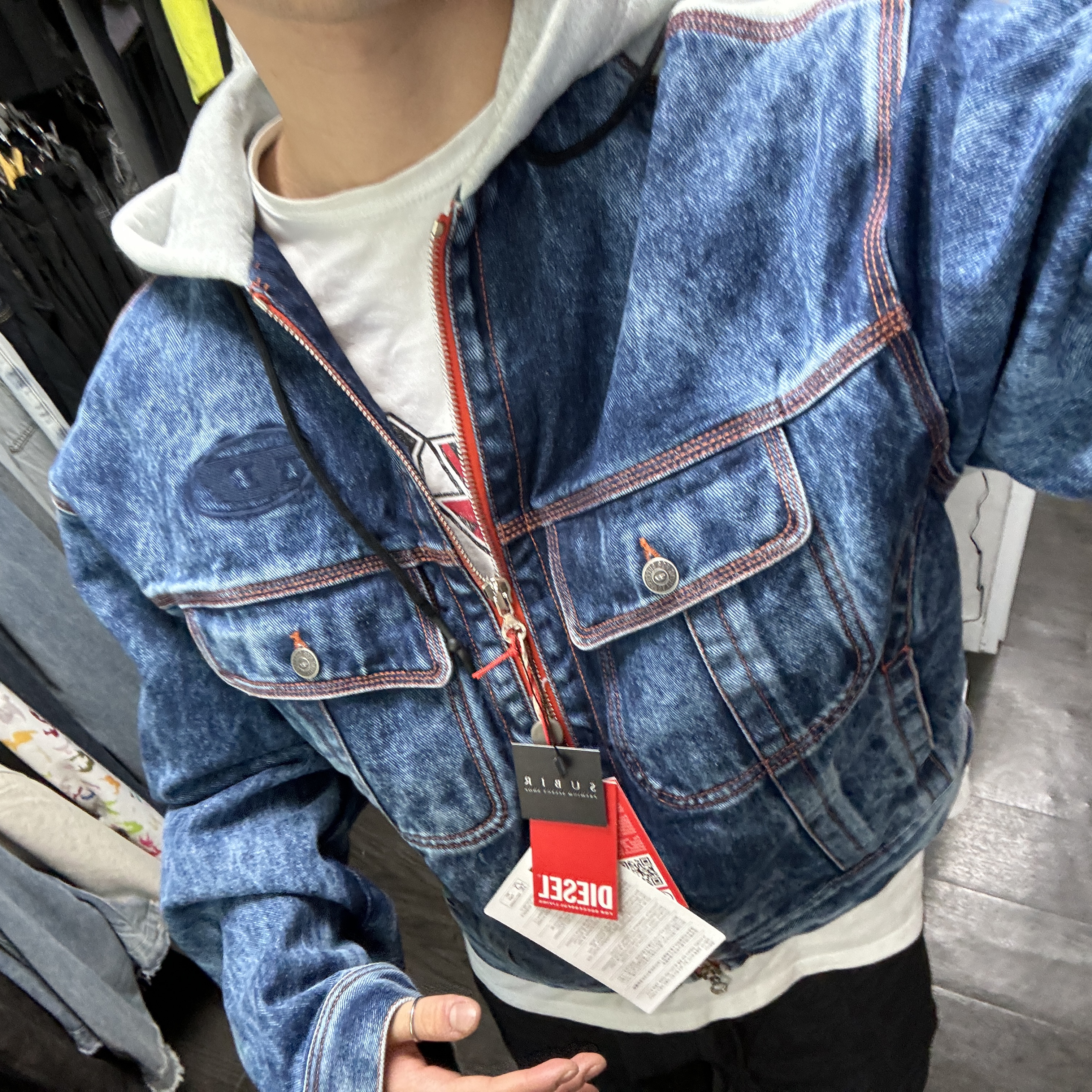 Diesel D-Lill-One Denim and Jersey Hoodie Jacket Medium Blue, Maison Mihara Yasuhiro Peterson OG Sole Canvas Low Sneakers Black 착용 스타일 - 1