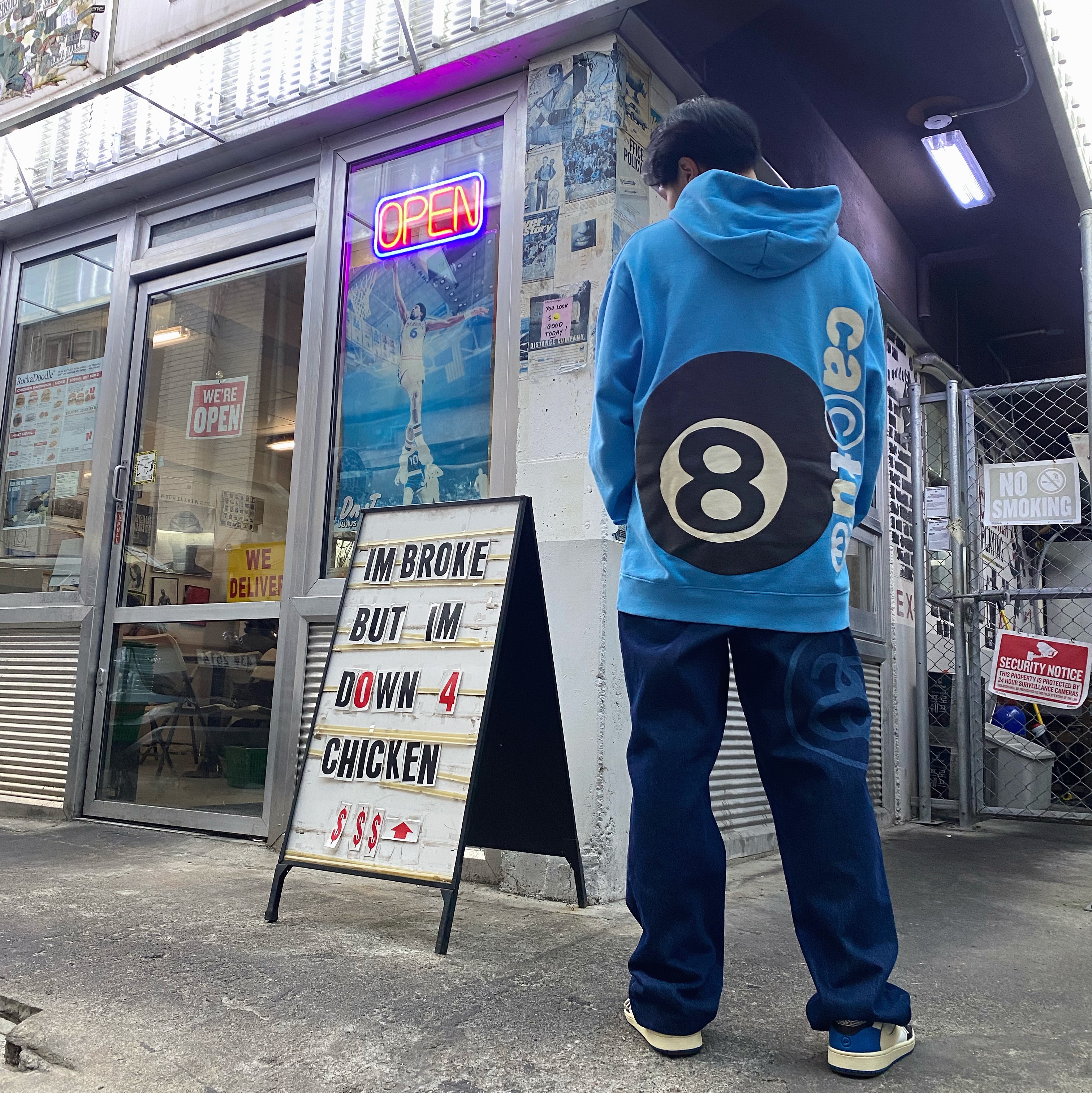 Stussy x Cactus Plant Flea Market 8 Ball Pigment Dyed Hoodie Blue, Stussy SS Link Big OL' Jean One Wash 착용 스타일