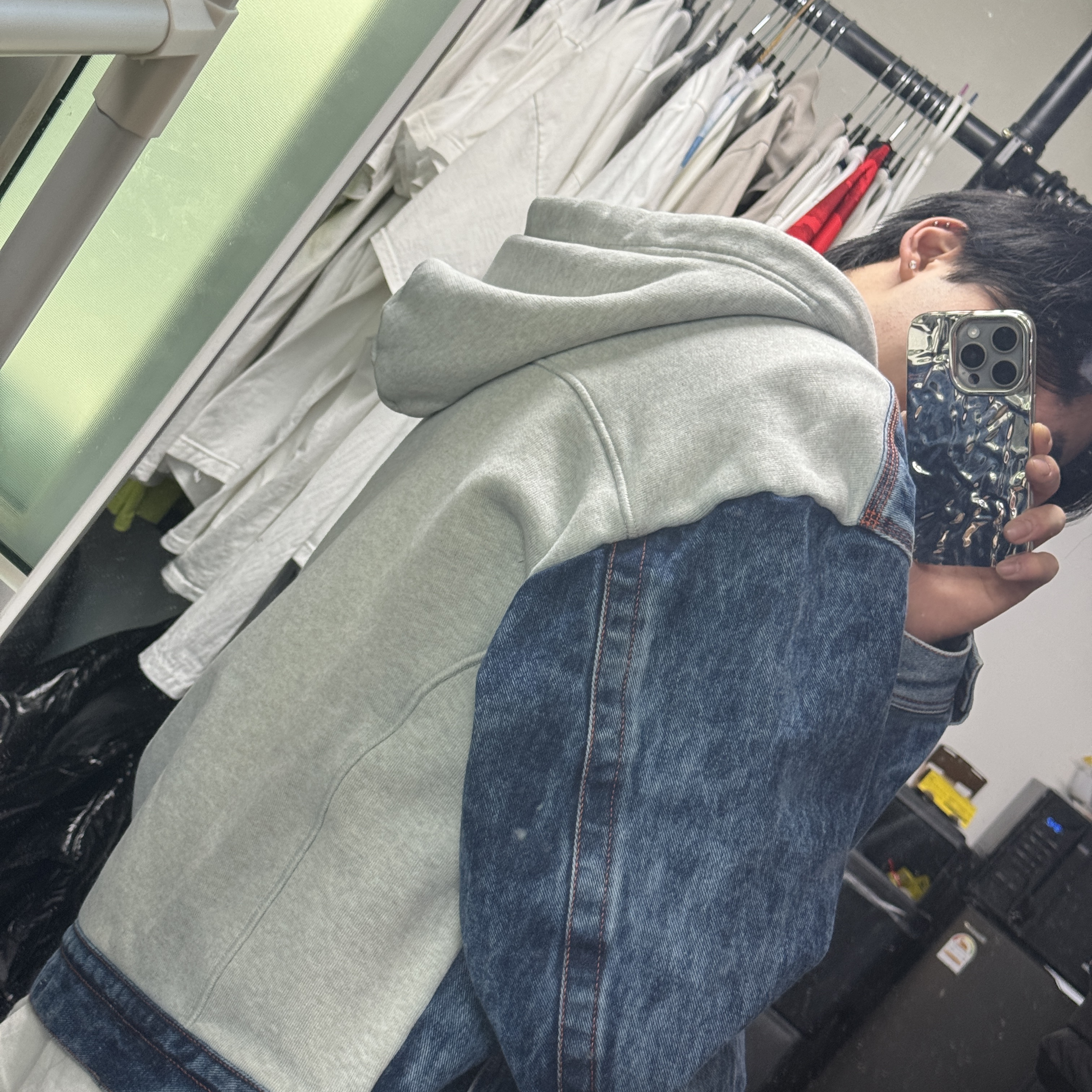 Diesel D-Lill-One Denim and Jersey Hoodie Jacket Medium Blue, Maison Mihara Yasuhiro Peterson OG Sole Canvas Low Sneakers Black 착용 스타일 - 2