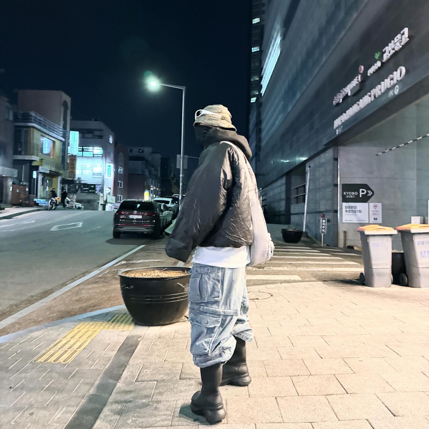 Project G/R Oversized Convertible Cargo Pants Blue, Yeezy Gap Engineered By Balenciaga Mock Neck Pullover Puffer Black 착용 스타일 - 3