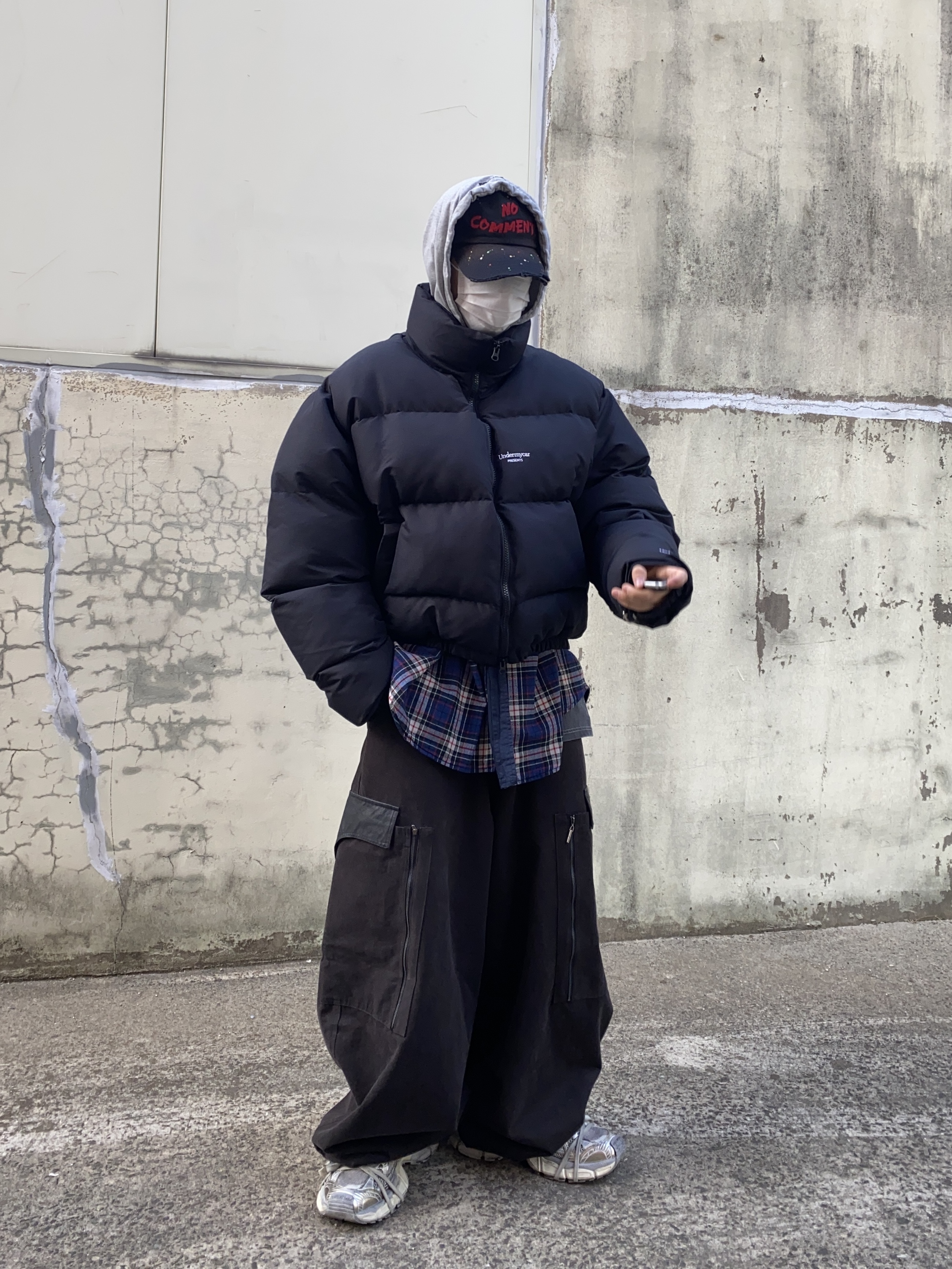 Project G/R Reversible Hoodie Check Shirts Navy, Undermycar Mu.15 Anti Fxxking Logo Play Triple Logo Crop Padding Jacket Black 착용 스타일 - 2
