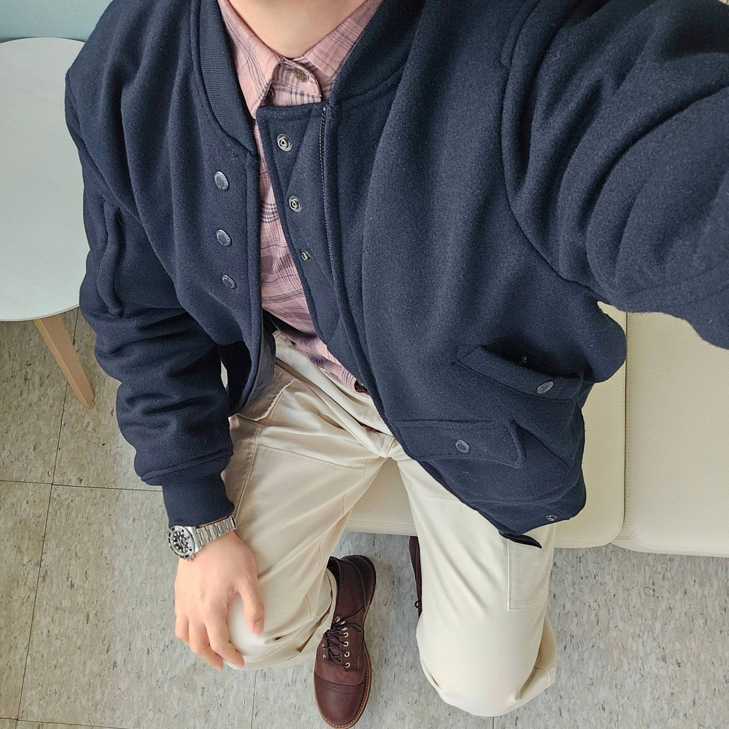 Uniqlo x Engineered Garments Pufftech Short Blouson Navy, Red Wing Iron Ranger 8111 Amber Harness - D 착용 스타일 - 3