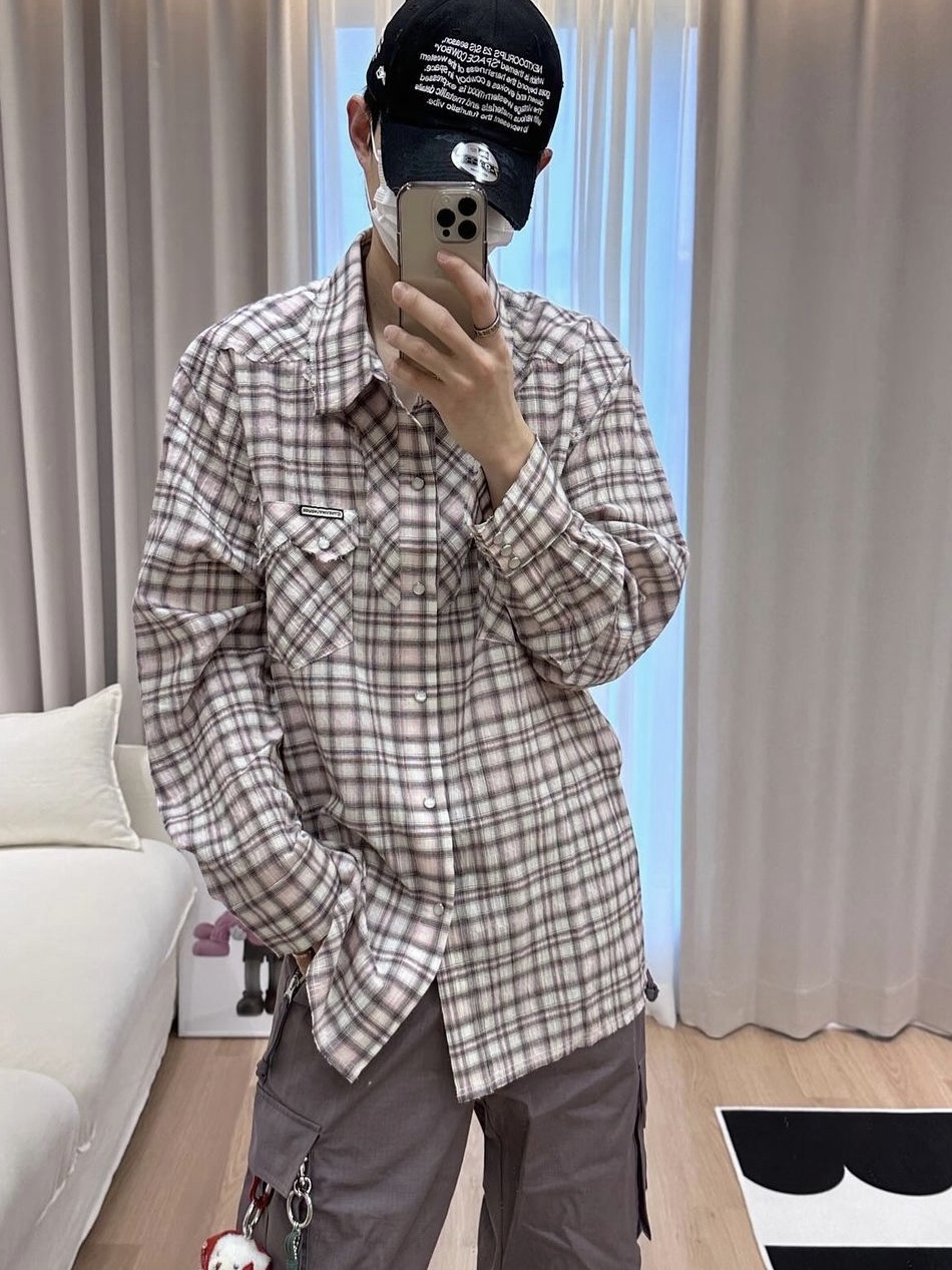 Thevinylhouse Western Check Shirts Pink 착용 스타일