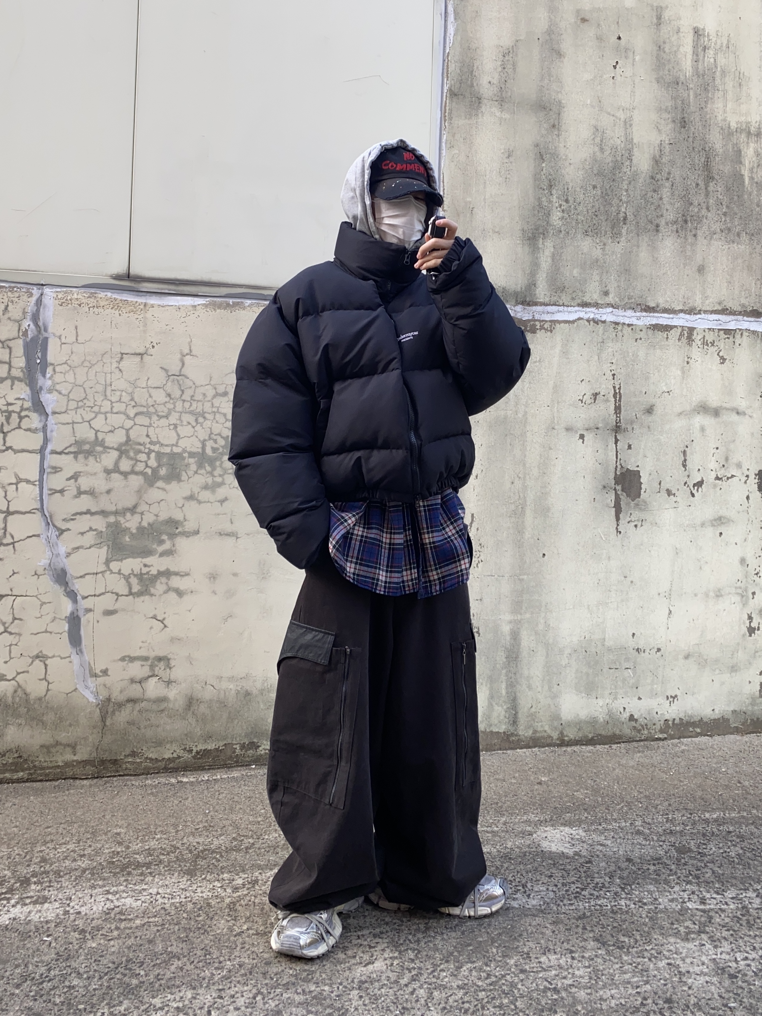 Project G/R Reversible Hoodie Check Shirts Navy, Undermycar Mu.15 Anti Fxxking Logo Play Triple Logo Crop Padding Jacket Black 착용 스타일 - 3