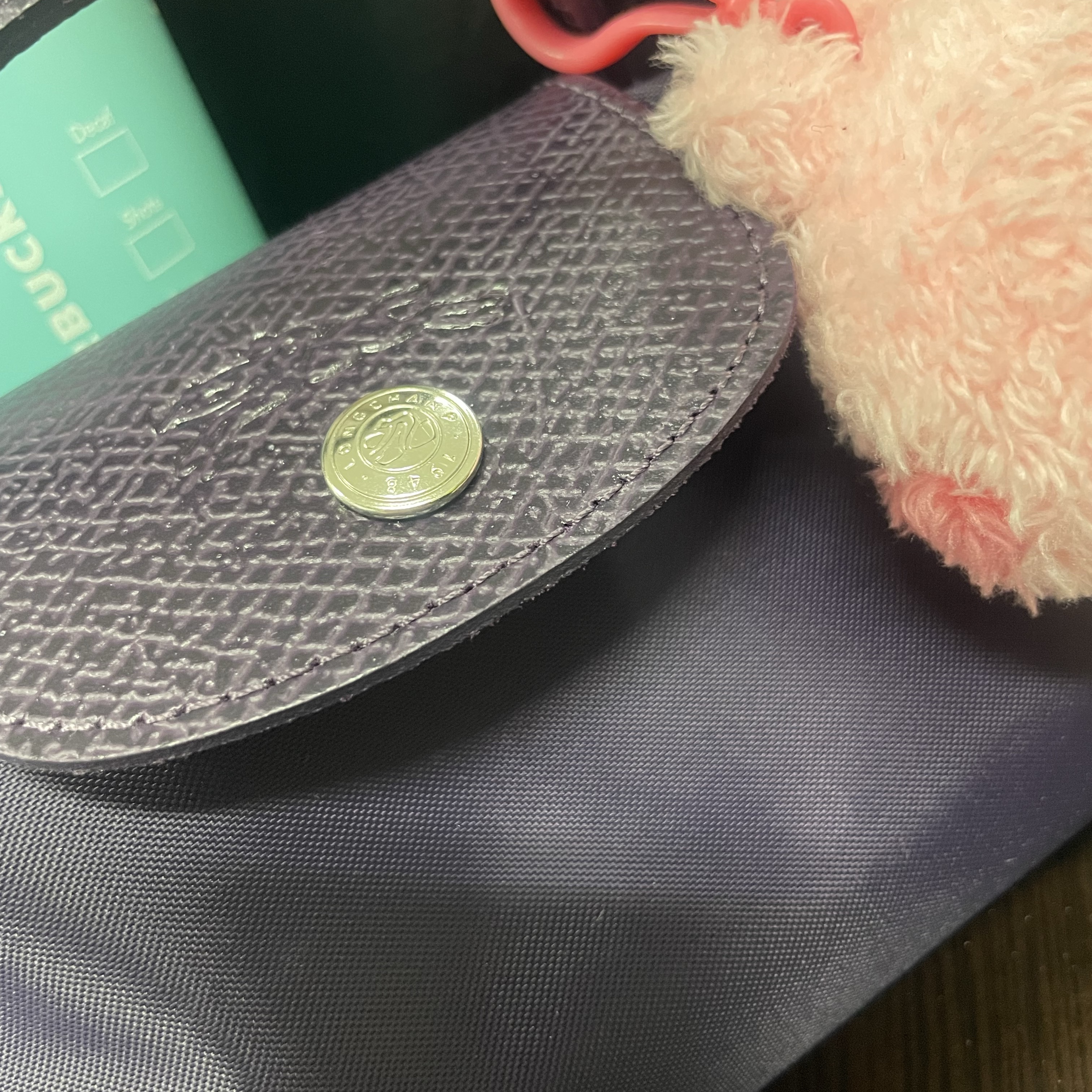Longchamp Le Pliage Green Handle Pouch Bilberry 착용 스타일