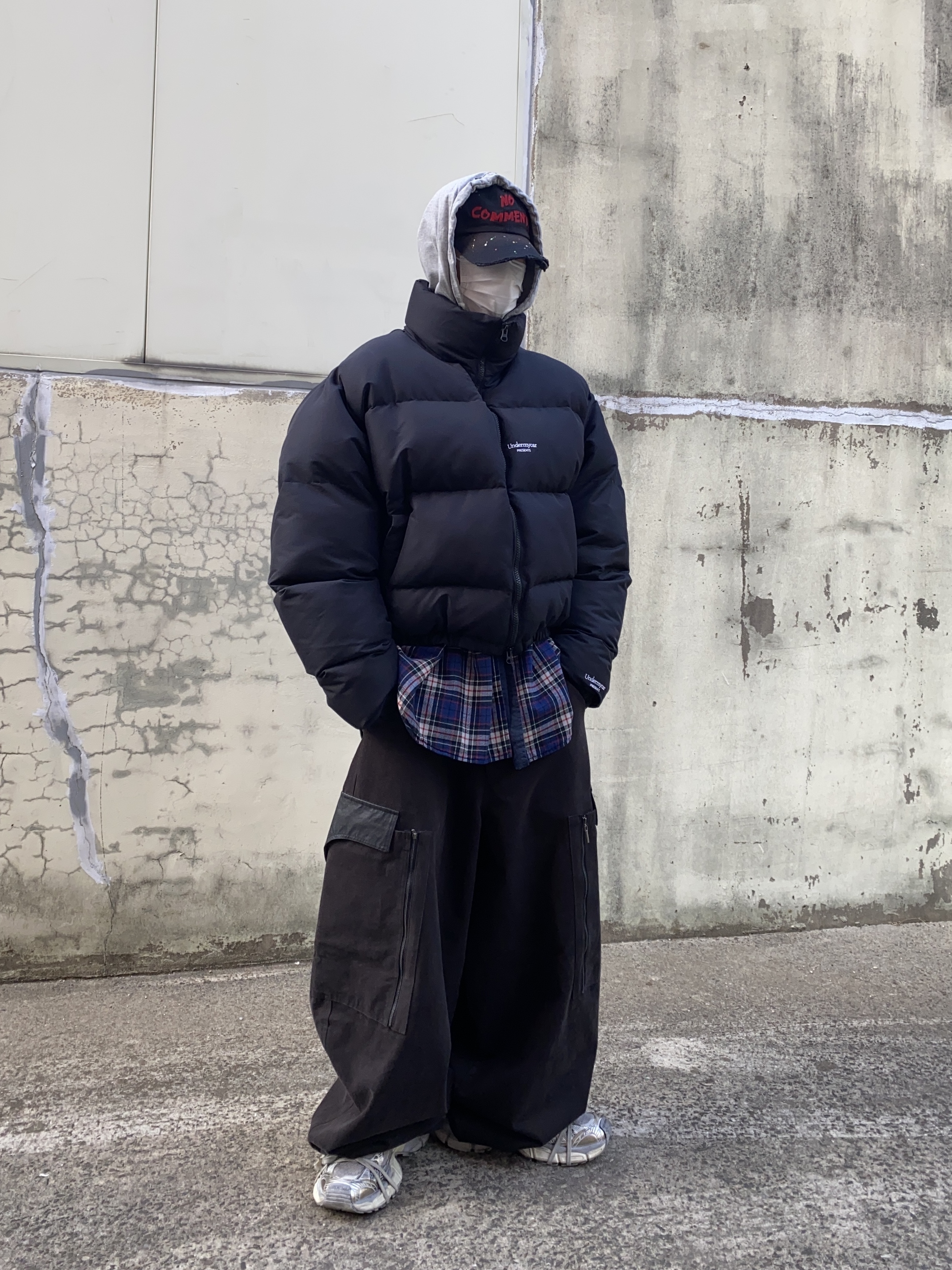 Project G/R Reversible Hoodie Check Shirts Navy, Undermycar Mu.15 Anti Fxxking Logo Play Triple Logo Crop Padding Jacket Black 착용 스타일 - 1