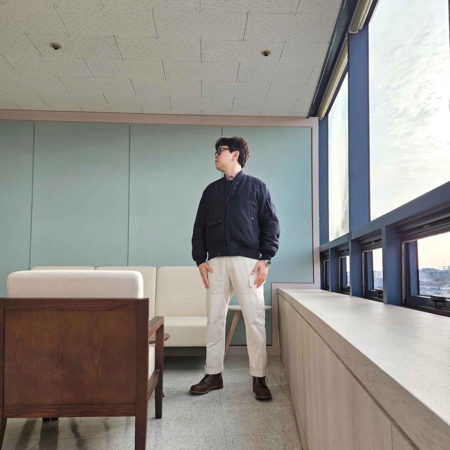 Uniqlo x Engineered Garments Pufftech Short Blouson Navy, Red Wing Iron Ranger 8111 Amber Harness - D 착용 스타일 - 2