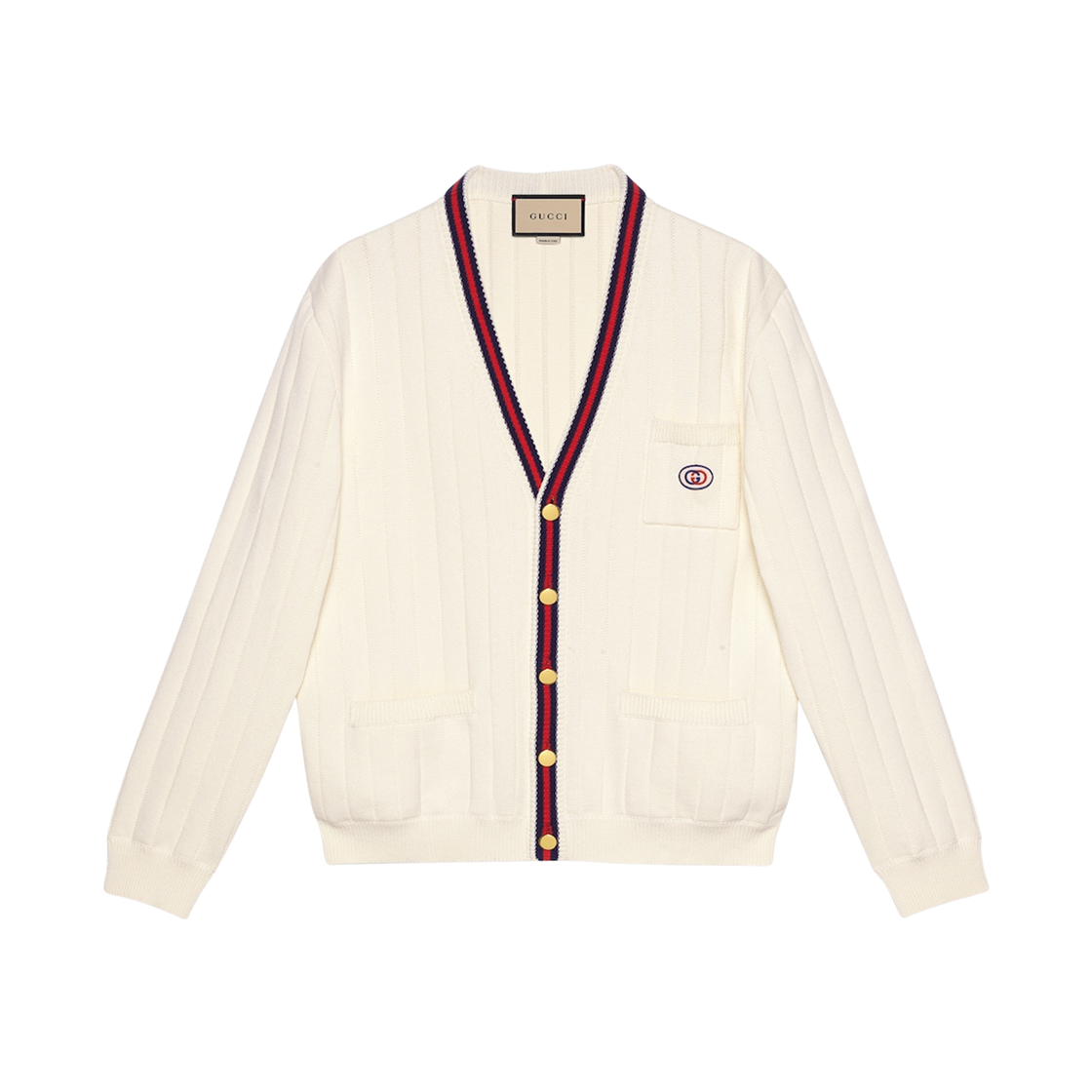 Gucci Knit Cotton V-Neck Cardigan with Web Ivory 상세 이미지 1