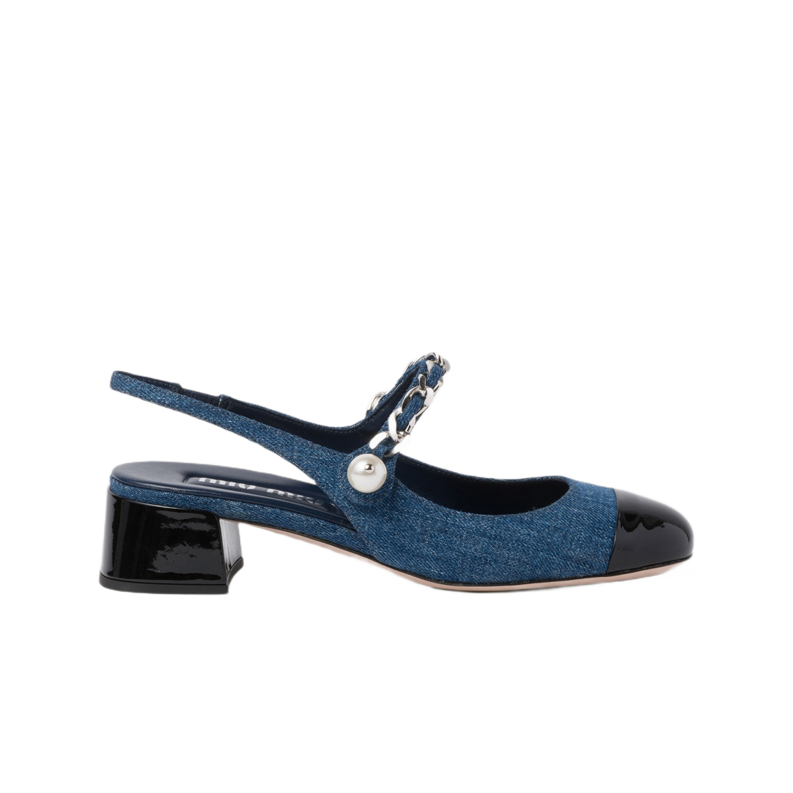 (W) Miu Miu Denim and Patent Leather Slingback Pumps Denim Black 상세 이미지 1