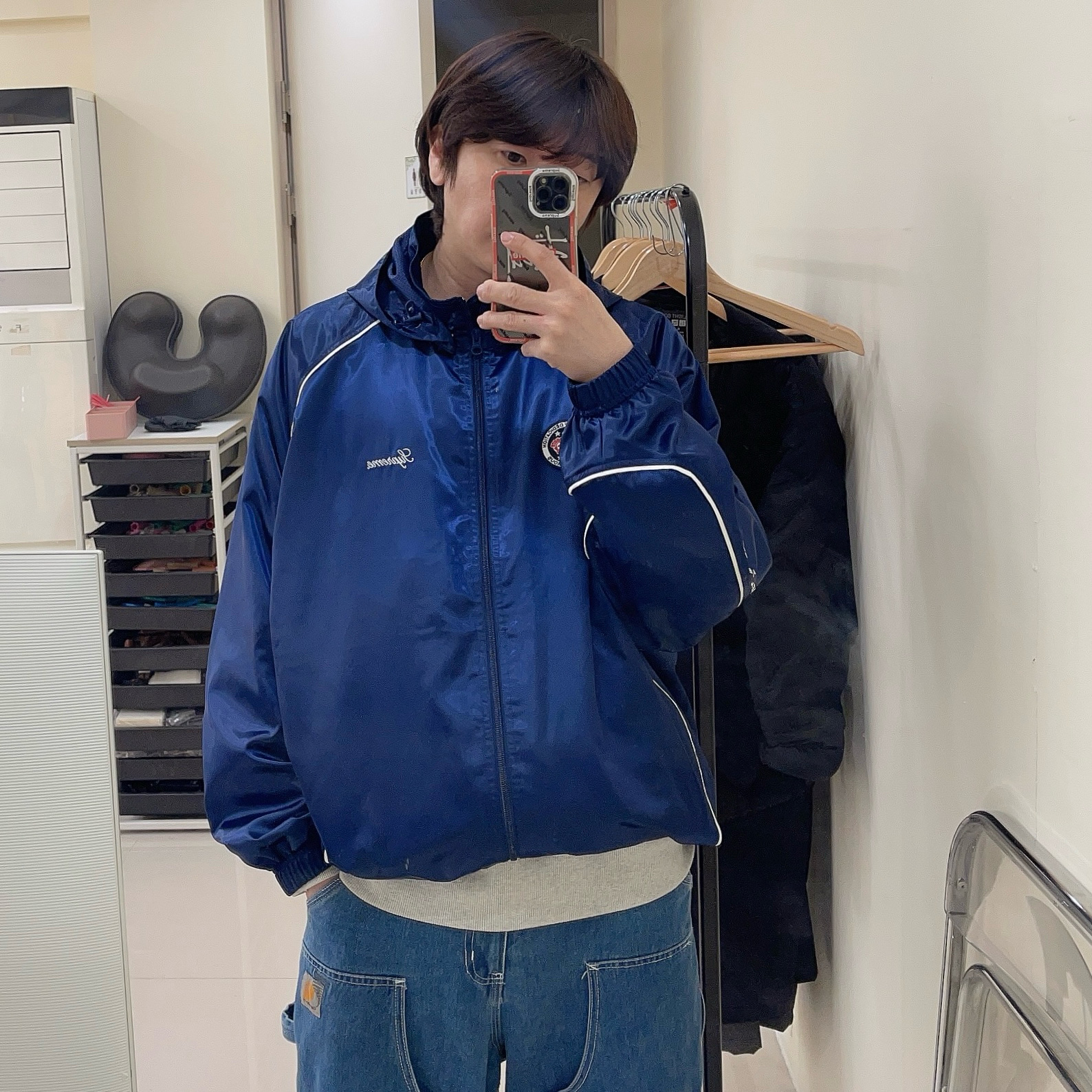 Supreme Satin Hooded Track Jacket Navy - 24SS 착용 스타일 - 2