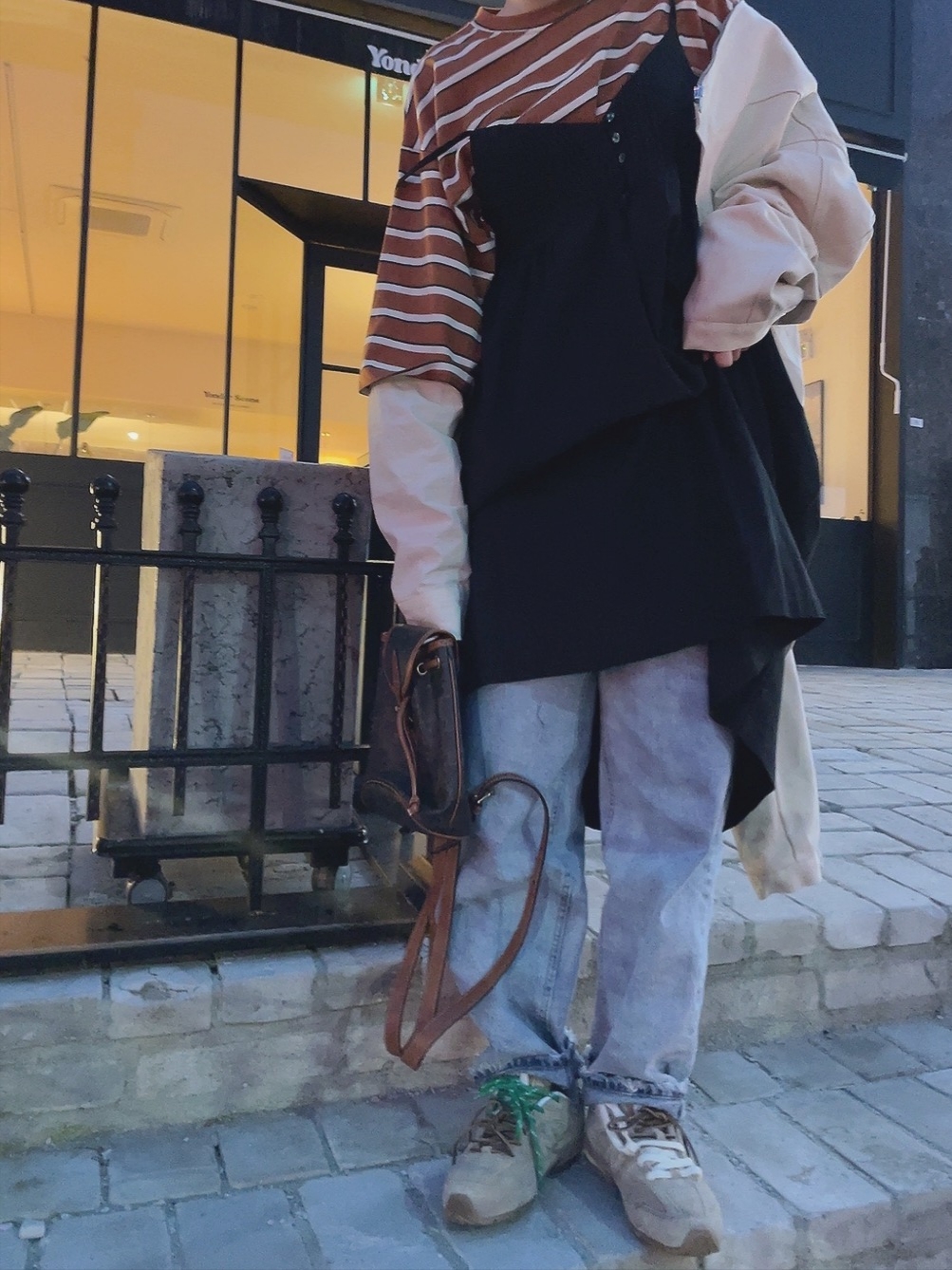 (W) New Balance x Miu Miu 530 Suede Mesh Sneakers Ecru, Celine Mini Backpack Folco in Triomphe Canvas and Calfskin Tan 착용 스타일 - 1