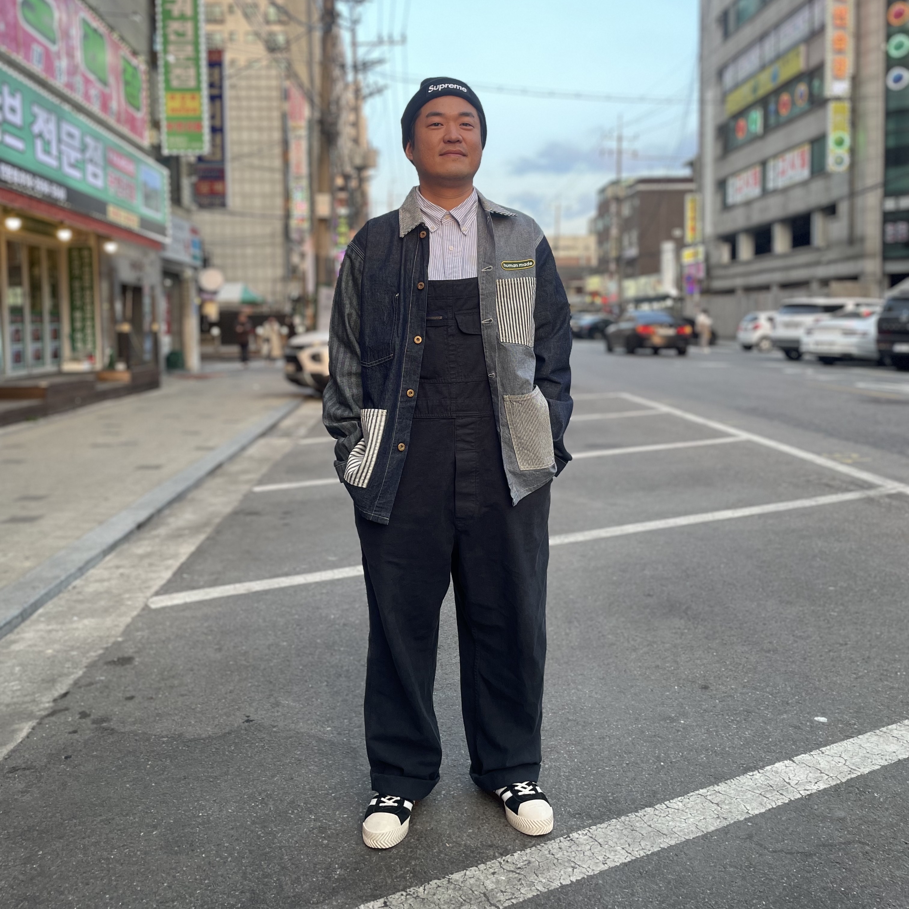 Human Made Crazy Coverall Jacket #2 Indigo, Supreme New Era Box Logo Beanie Black - 21FW 착용 스타일 - 1