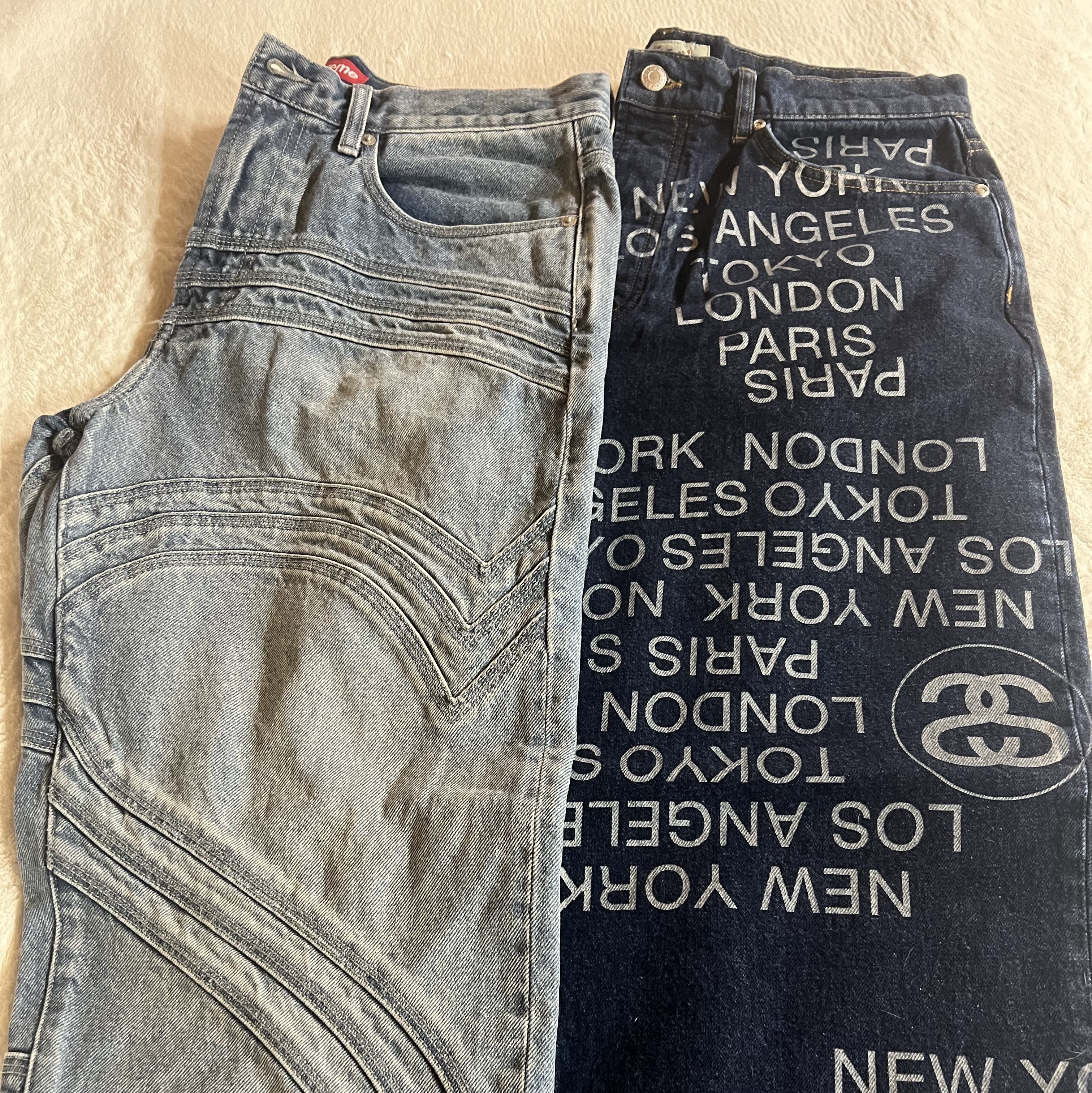 Stussy Big OL’ Jean City Link Denim One Wash, Supreme S Logo Loose Fit Jean Washed Blue - 24SS 착용 스타일
