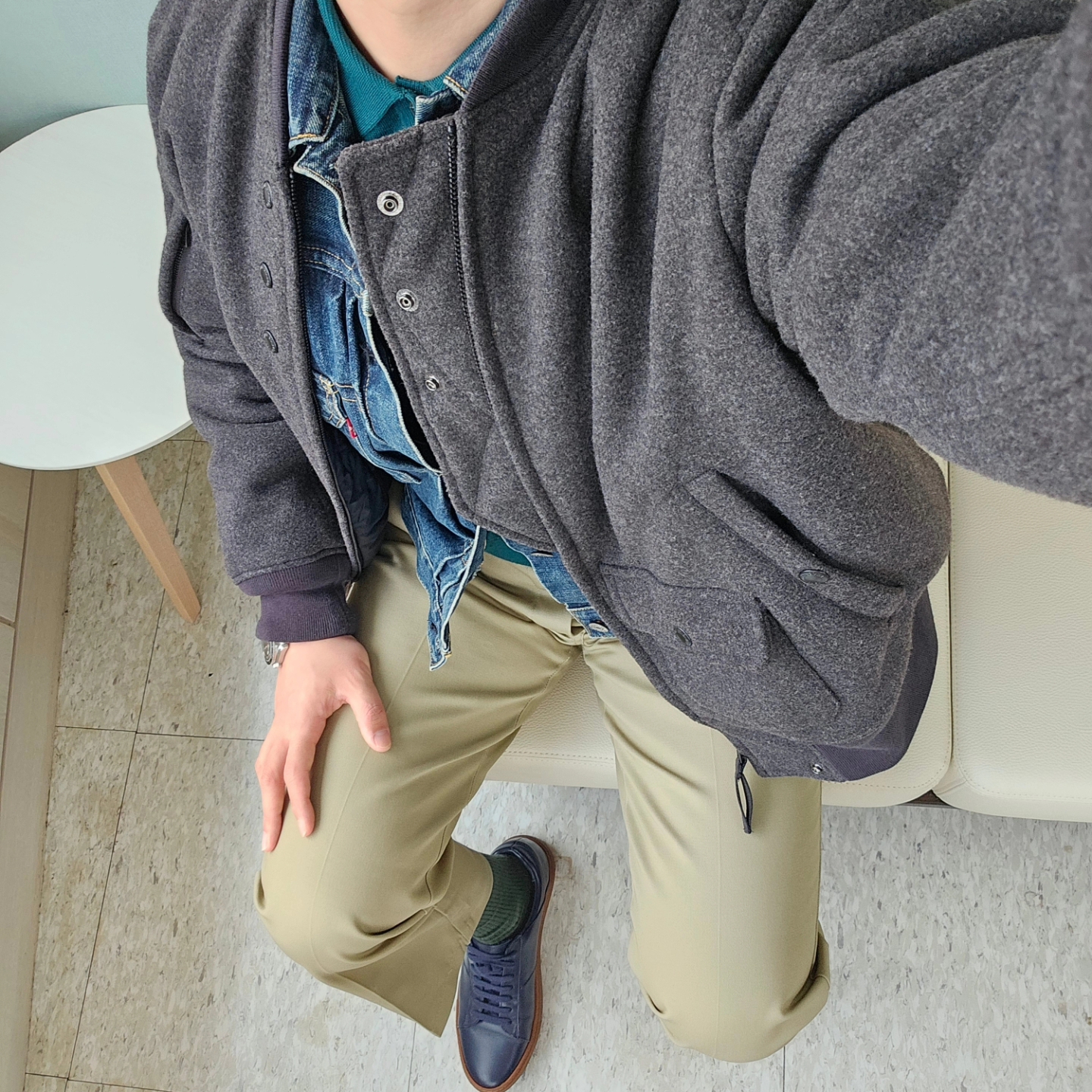 Uniqlo x Engineered Garments Pufftech Short Blouson Dark Gray, Dickies Original 874 Work Pant Khaki 착용 스타일 - 5