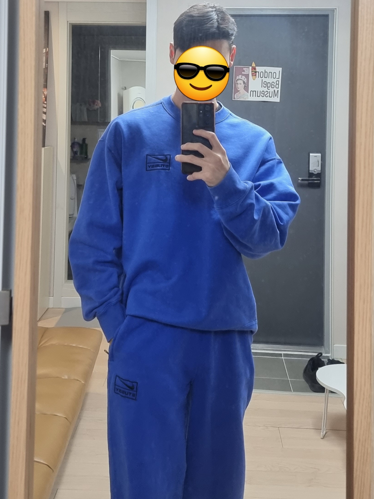 Nike x Stussy NRG Acid Washed Crewneck Game Royal (DR4024-480), Nike x Stussy NRG Acid Washed Fleece Pants Game Royal (DR4427-480) 착용 스타일