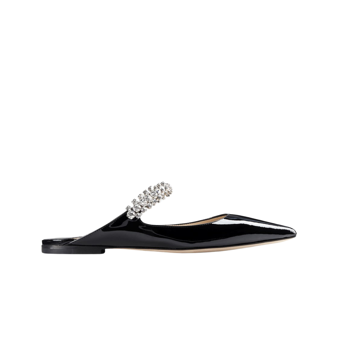 (W) 지미추 빙 플랫 페이턴트 레더 뮬 크리스탈 스트랩 블랙((W) Jimmy Choo Bing Flat Patent Leather Mules with Crystal Strap Black)