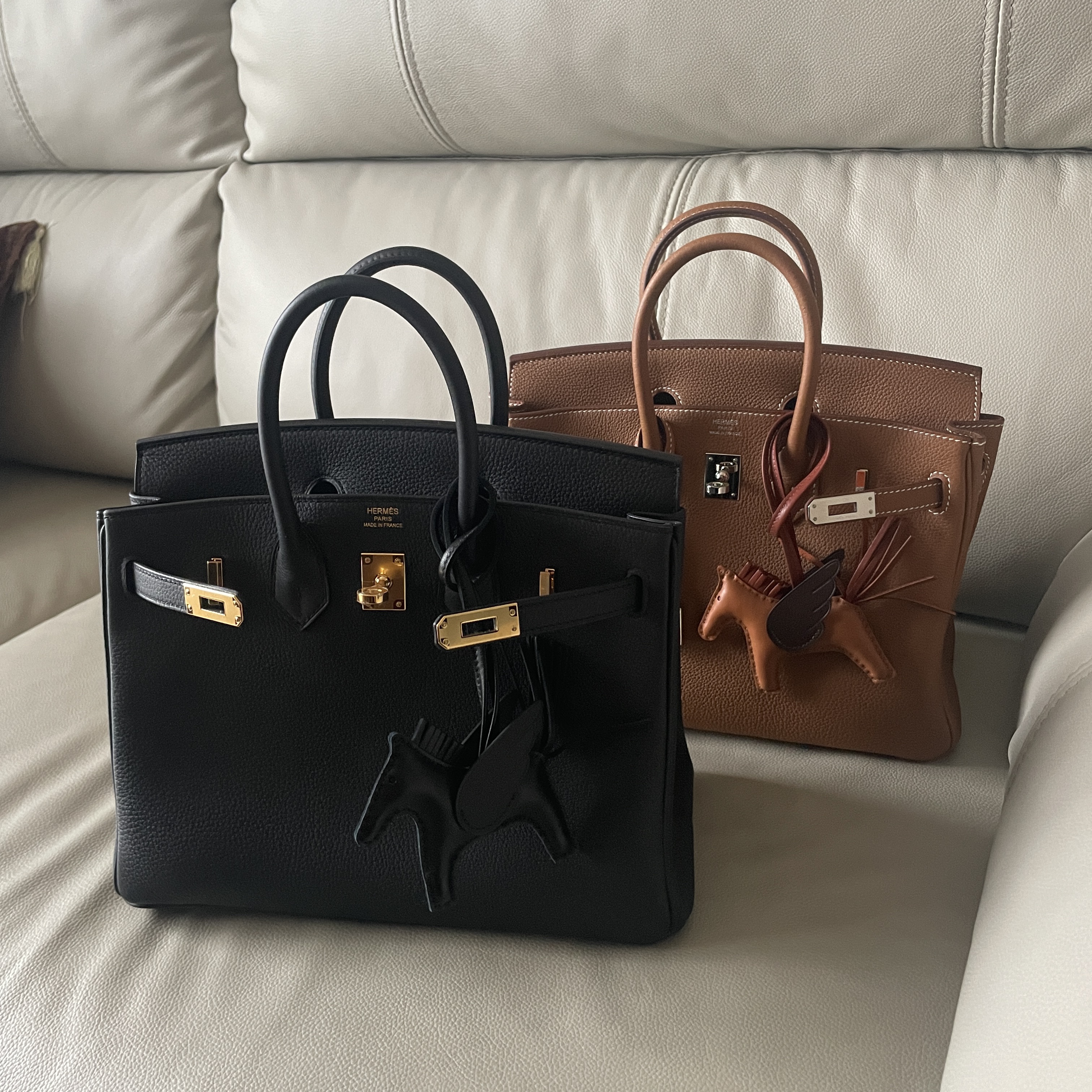 Hermes Birkin 25 Bag Togo & Gold Caban, Hermes Rodeo Pegase PM Charm Milo Swift & Noir 착용 스타일