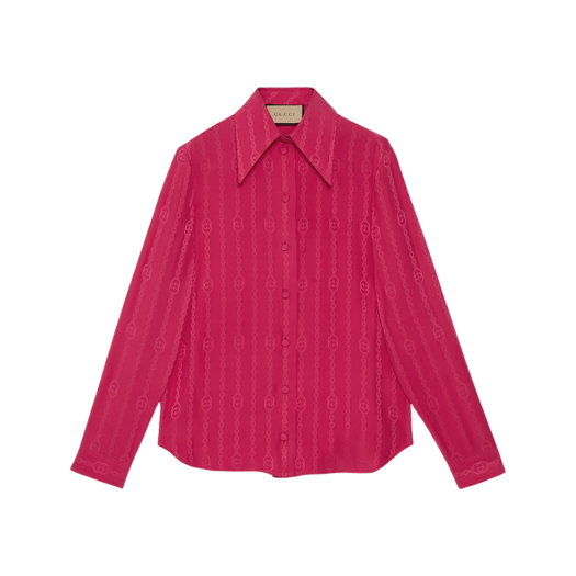 (W) 구찌 인터로킹 G 체인 실크 자카드 셔츠 다크 핑크