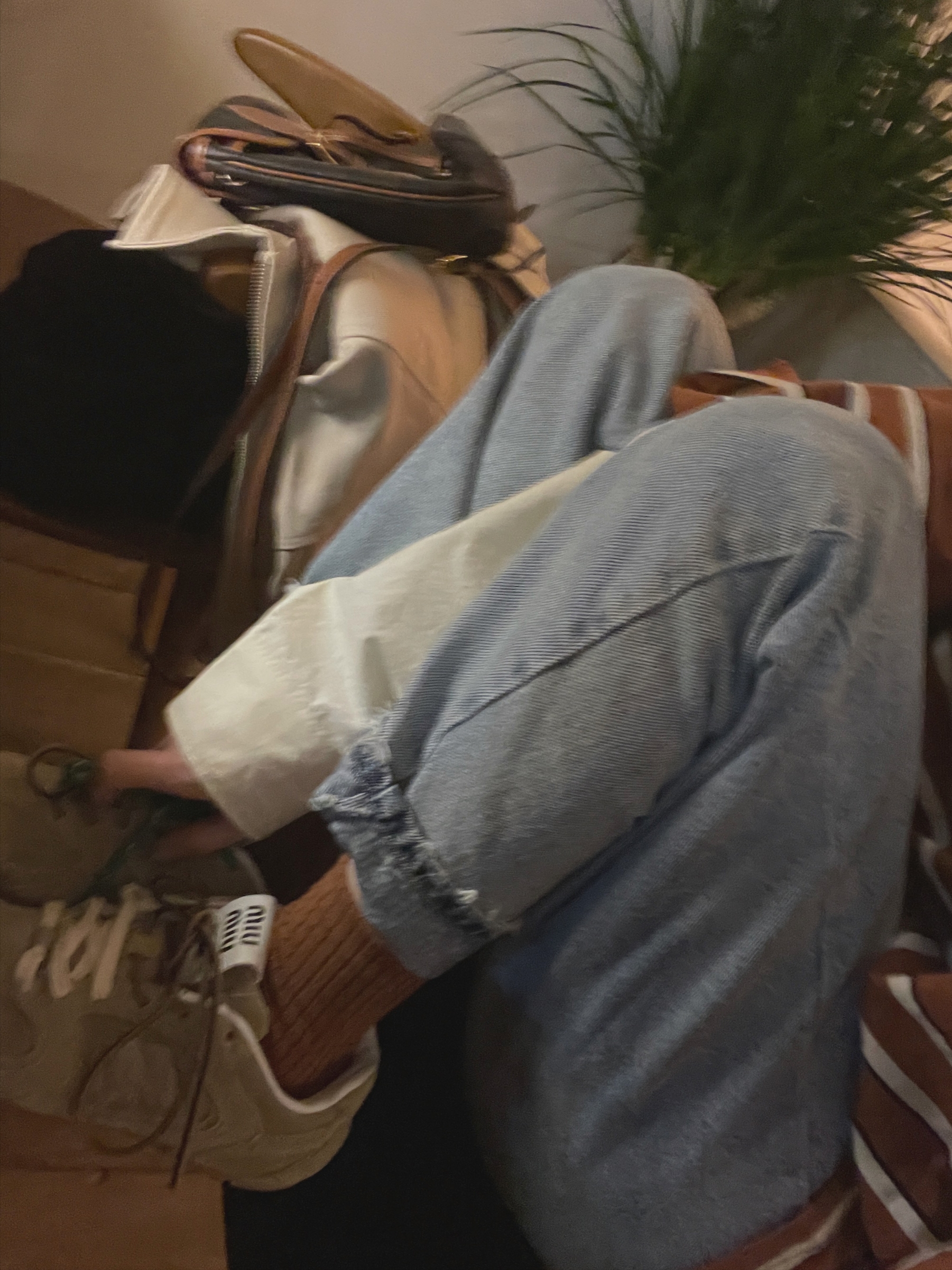(W) New Balance x Miu Miu 530 Suede Mesh Sneakers Ecru, Celine Mini Backpack Folco in Triomphe Canvas and Calfskin Tan 착용 스타일 - 6