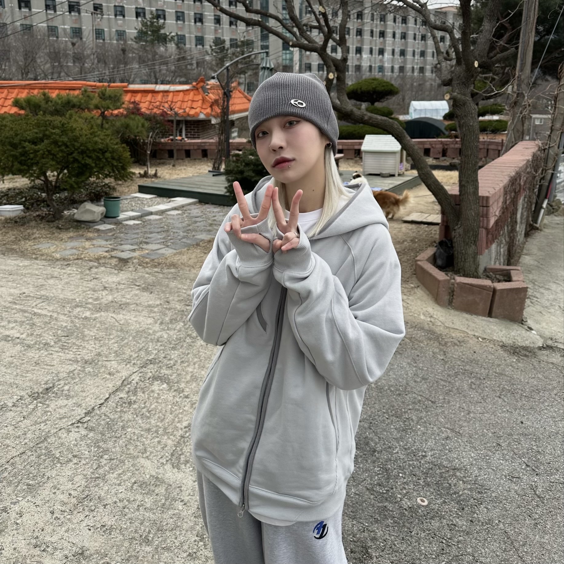 Sansan Gear Hoodie Zip-Up Grey - 24SS, Zara x Ader Error Jogger Pants Grey 착용 스타일 - 1