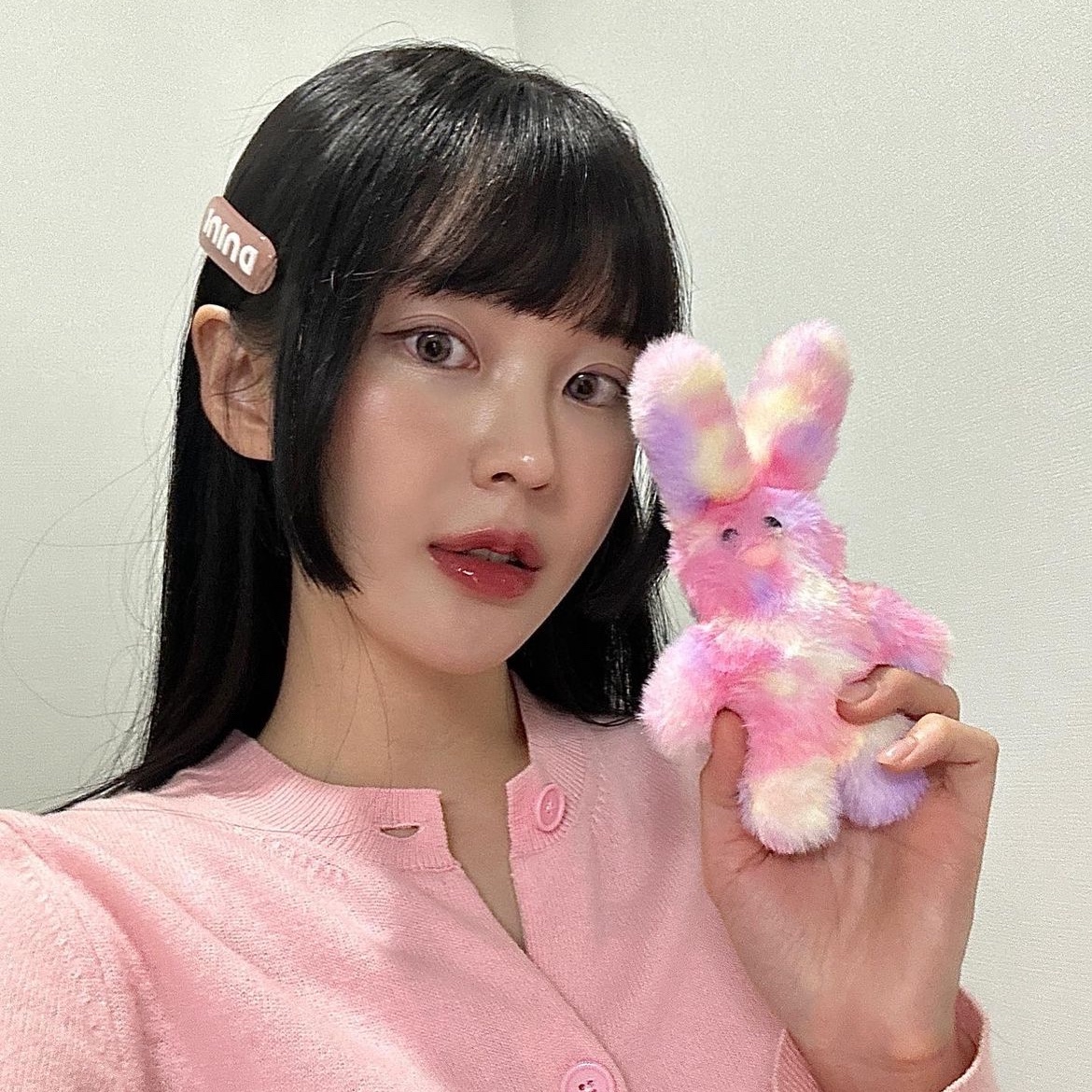 DNINI Logo Barrettes Pink 착용 스타일