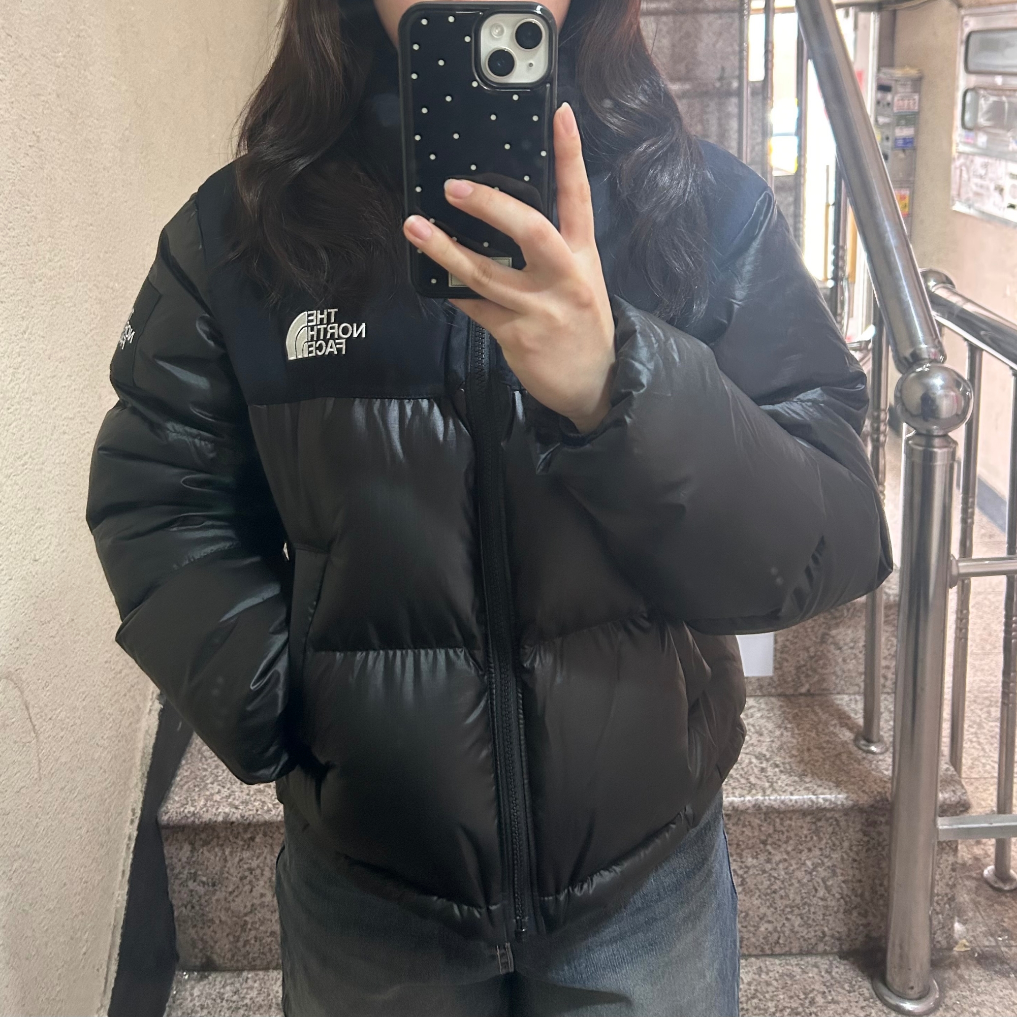 (W) The North Face White Label Novelty Nuptse Down Jacket Black 착용 스타일