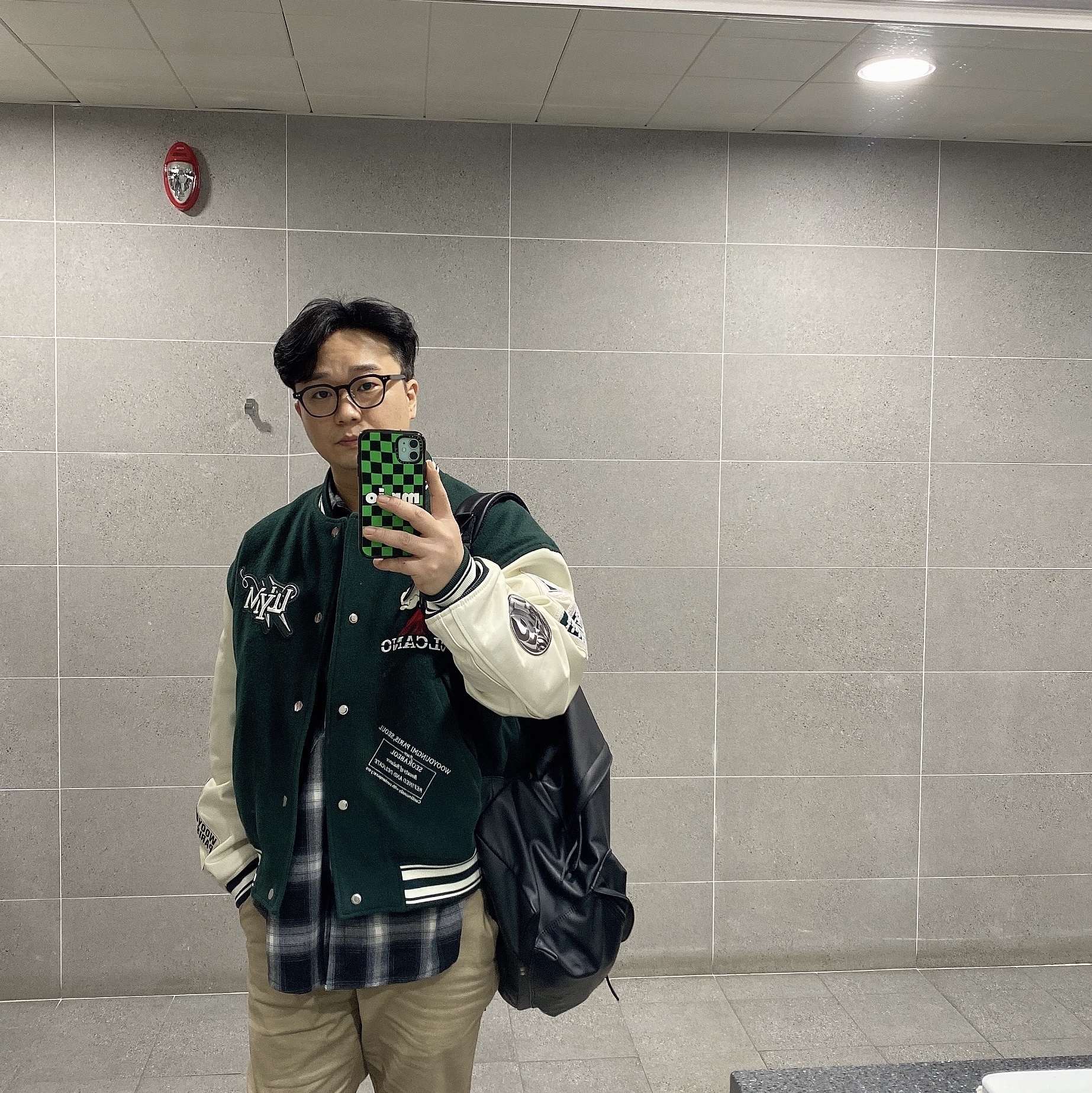 Wooyoungmi Volcano Varsity Jacket Green - 23FW 착용 스타일 - 2