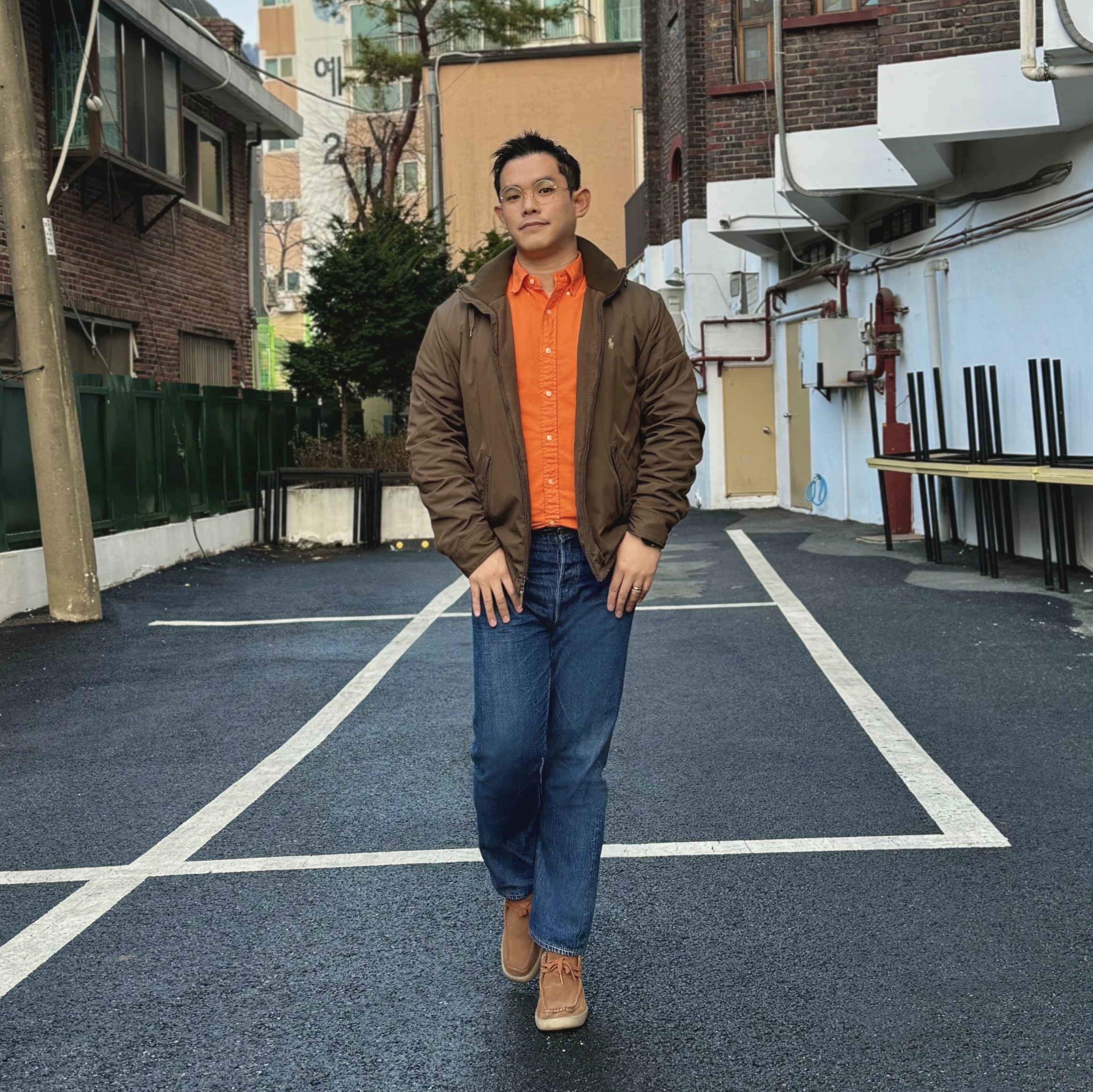Warehouse & Co. Lot 2nd-Hand 1100 Pants Used Wash Medium Indigo, Clarks Wallabee Cola 착용 스타일 - 1