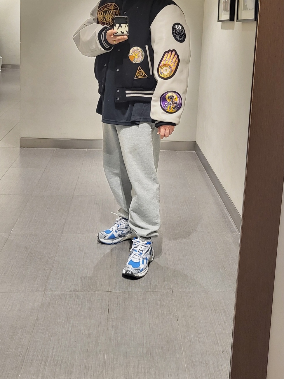 Stussy x Dries Van Noten Varsity Jacket Black, Nike x Stussy NRG ZR Fleece Pants Heather Grey - US/EU 착용 스타일 - 1