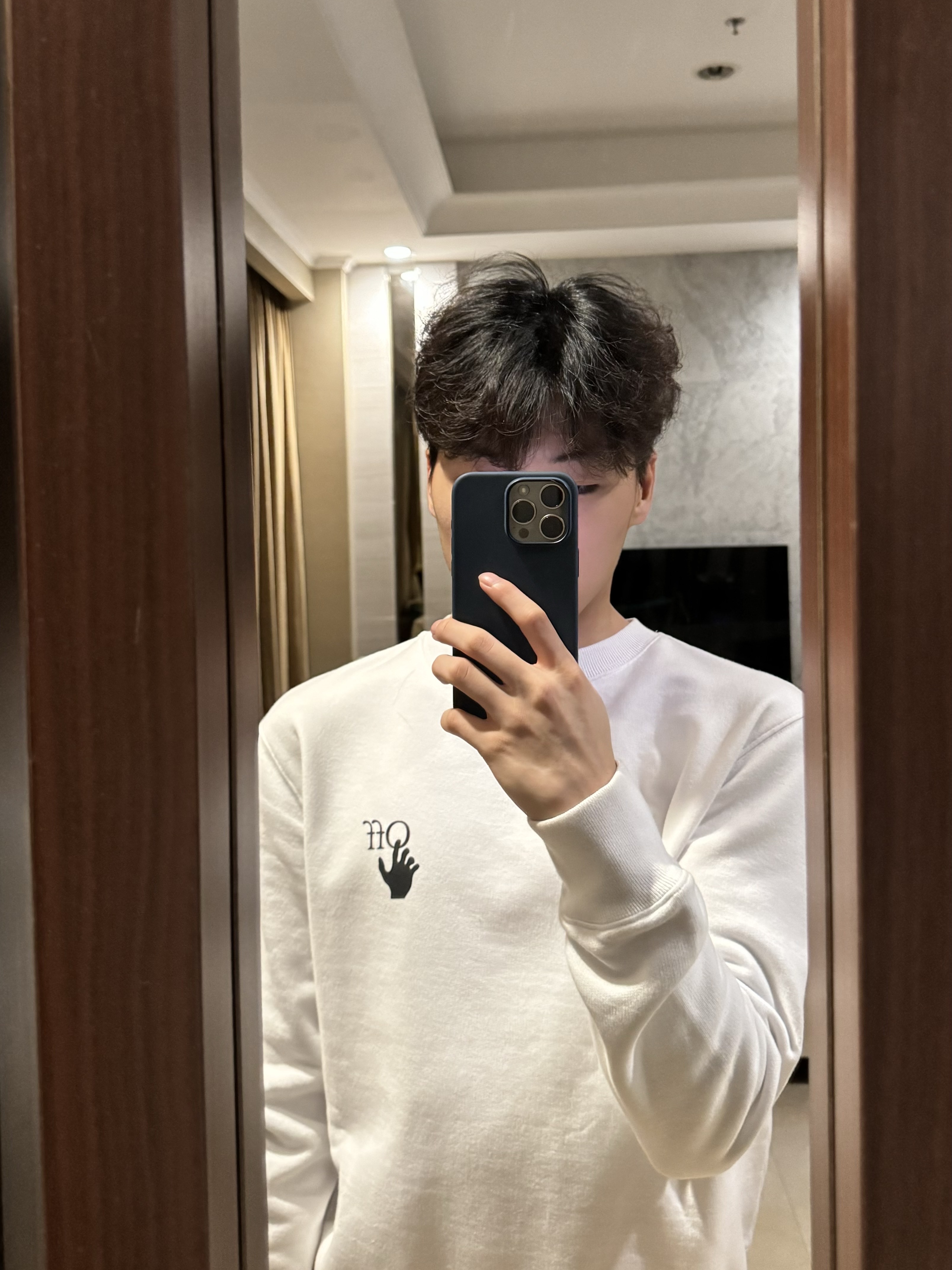 Off-White Caravaggio Lute Slim Crew Sweatshirt White, Apple iPhone 15 Pro Max 256GB Natural Titanium (Korean Ver.) 착용 스타일 - 3