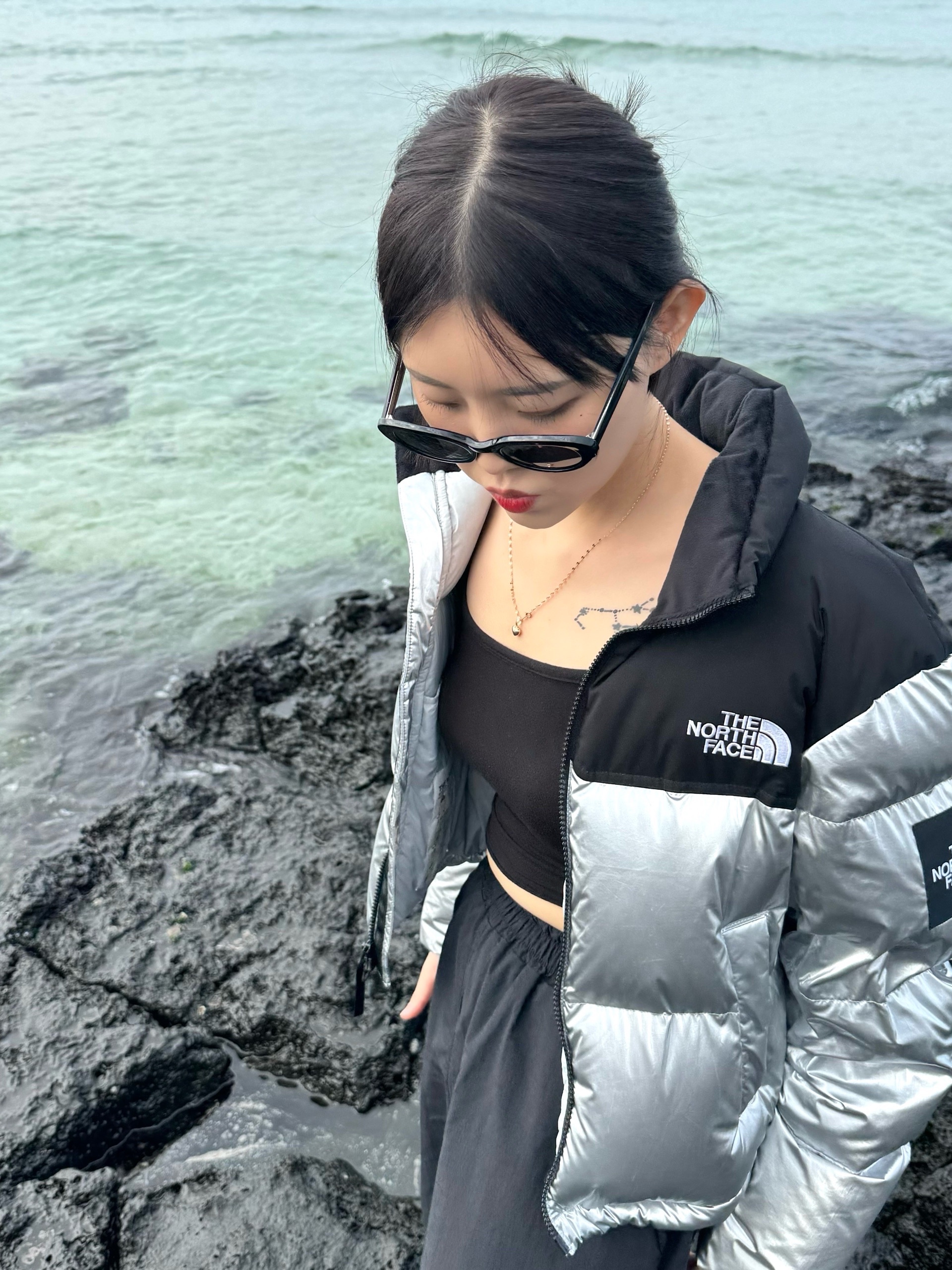 (W) The North Face White Label Novelty Nuptse Down Jacket Silver 착용 스타일 - 1