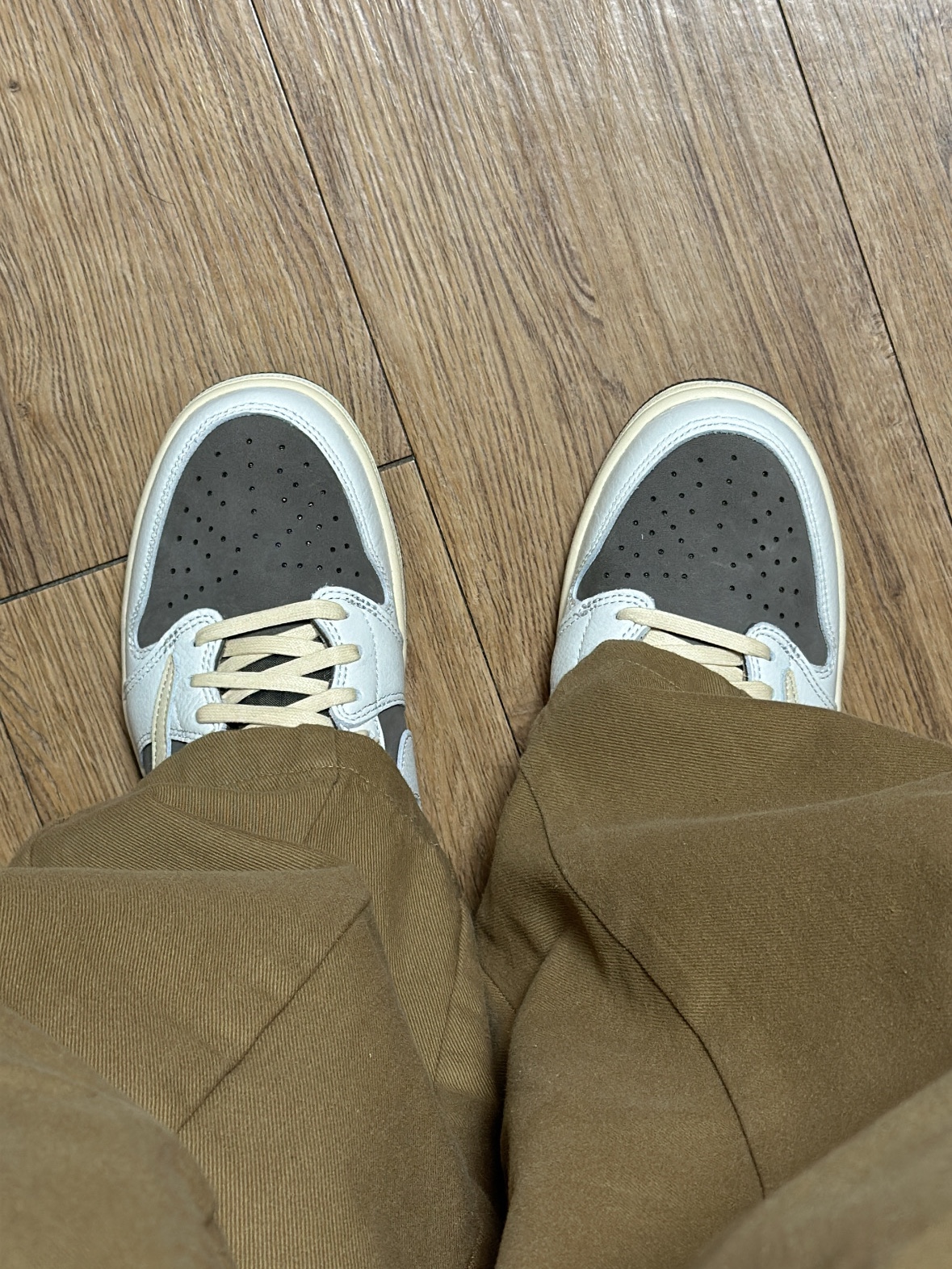Jordan 1 x Travis Scott Retro Low OG SP Sail and Ridgerock 착용 스타일 - 1