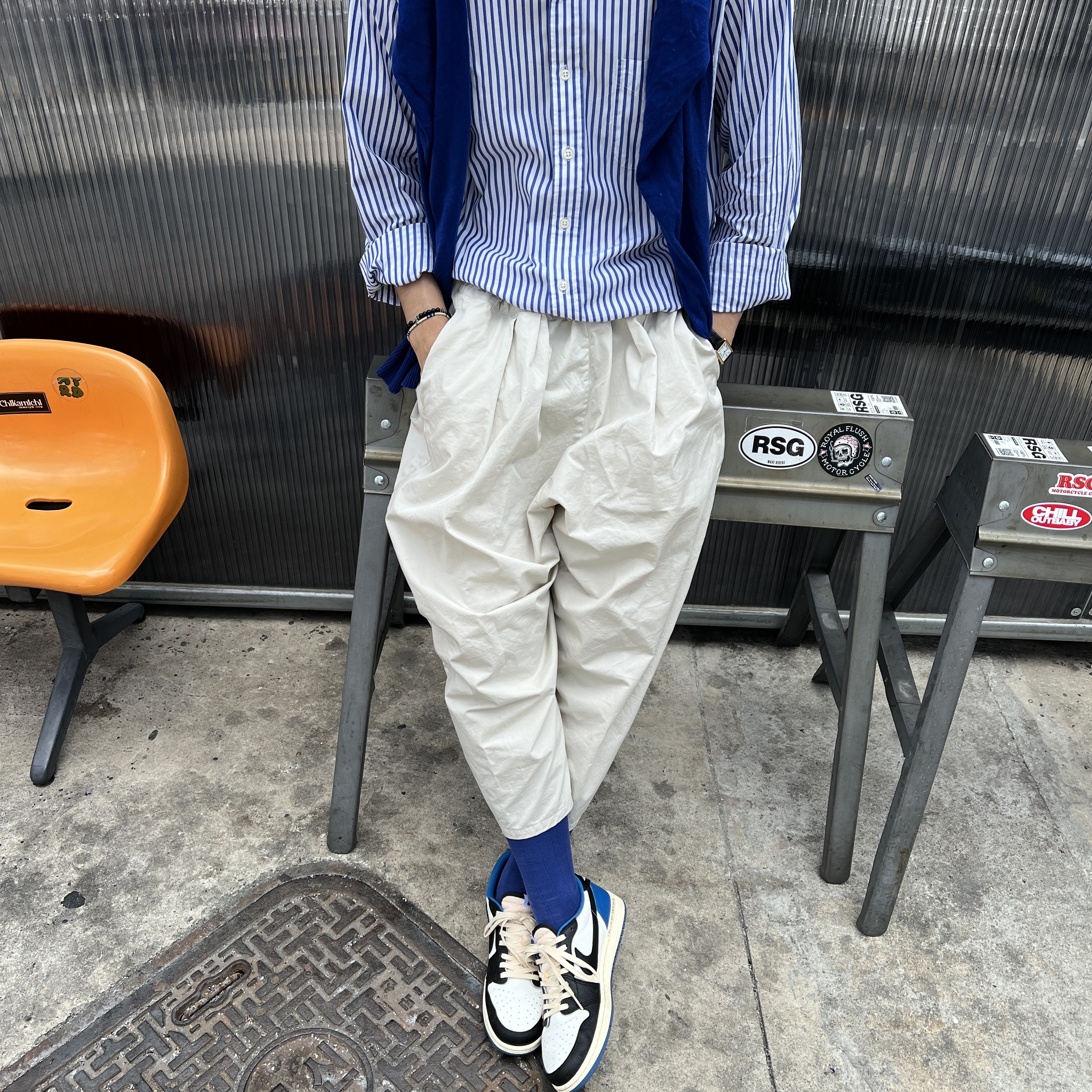 Jordan 1 x Travis Scott x Fragment Retro Low OG SP Military Blue 착용 스타일 - 3