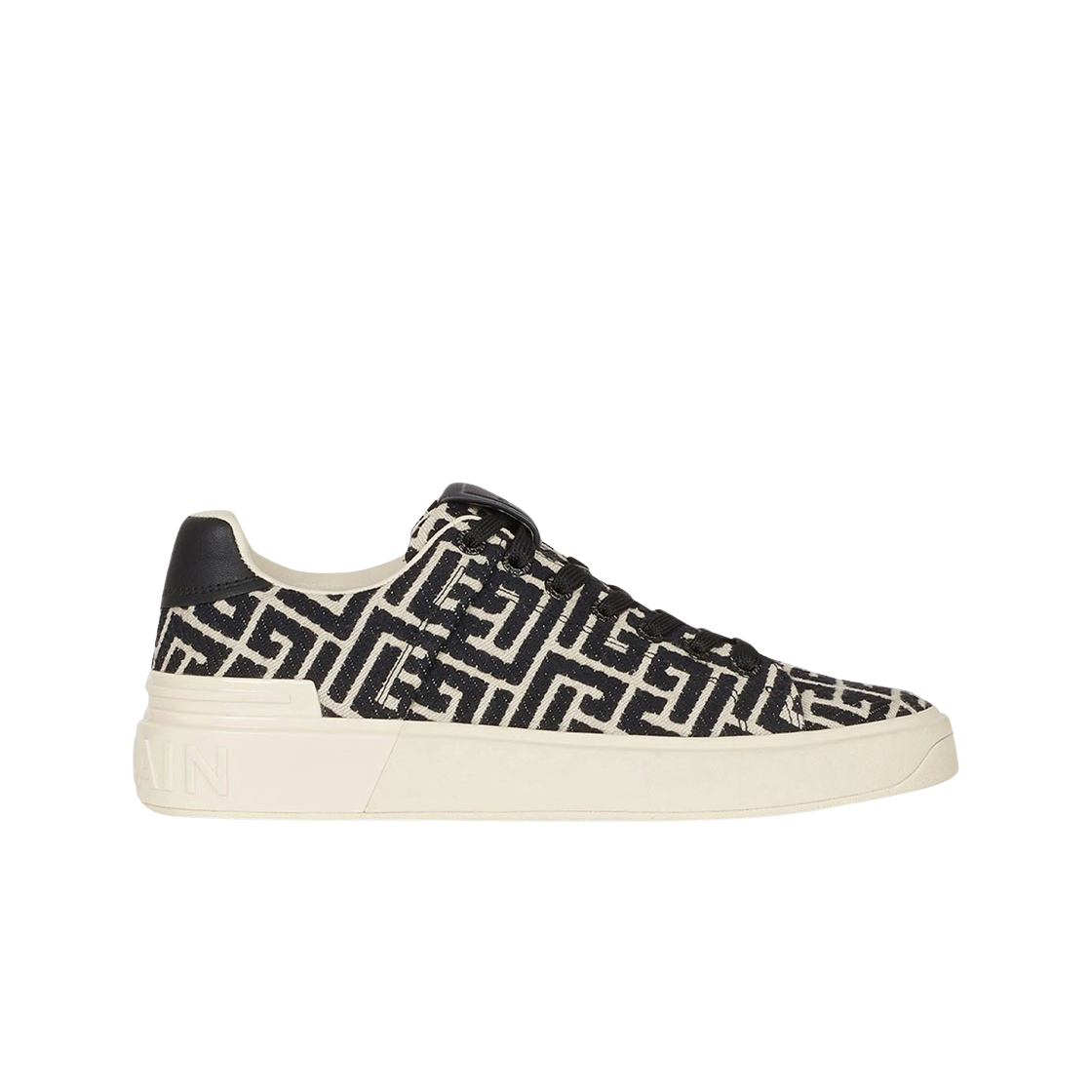 (W) 발망 자카드 모노그램 비 코트 트레이너 블랙((W) Balmain B-Court Trainers with Jacquard Monogram Black)