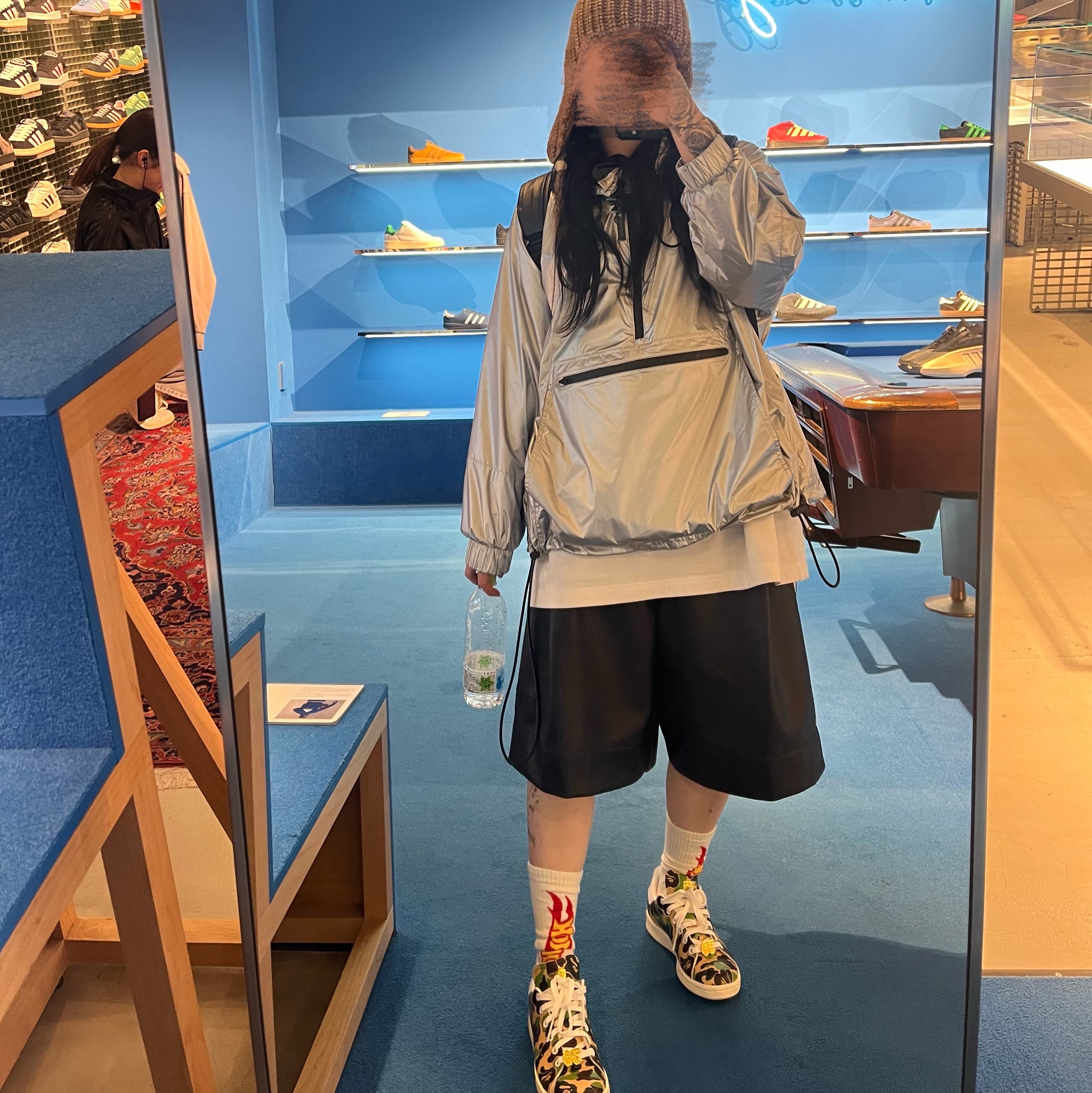 Adidas x BAPE Stan Smith Cloud White, Adidas Originals Faux Leather Adicolor 3S Shorts Black - KR Sizing 착용 스타일