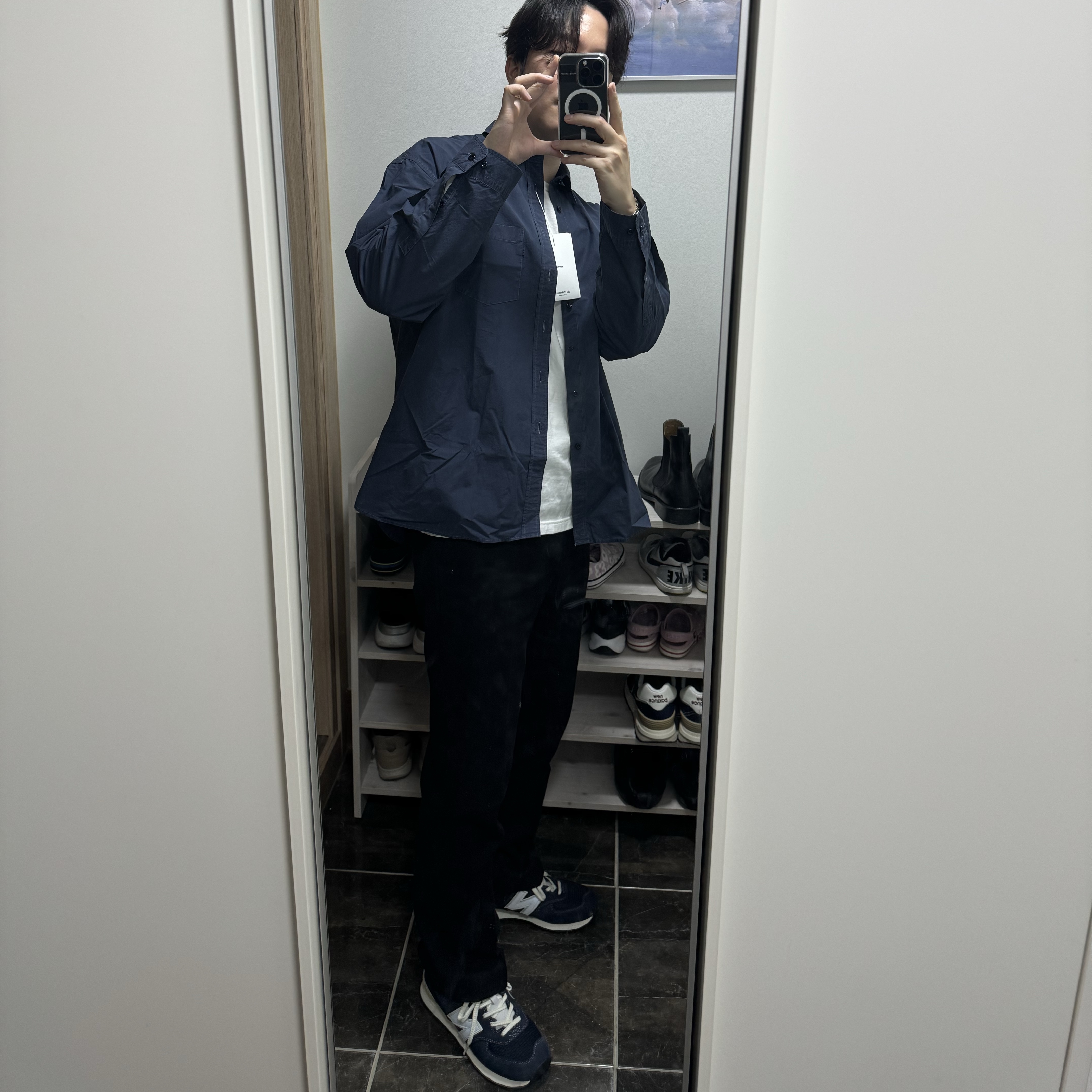 New Balance x Pottery 574 Premium Hard Navy 착용 스타일 - 1